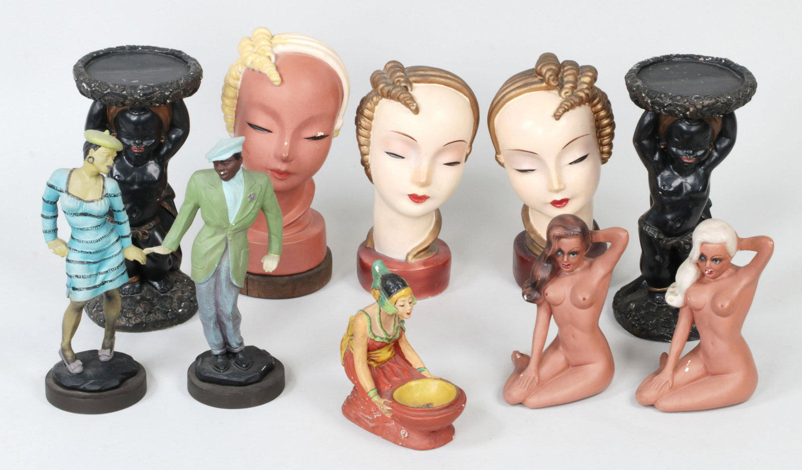 Group of (10) figural items: Group of (10) figural items, to include: ANN DYER (AMERICAN, 20th century), pair of plaster dancing figures on wood bases, signed; pair of composition nude women, signed; pair of chalkware Blackamoor 