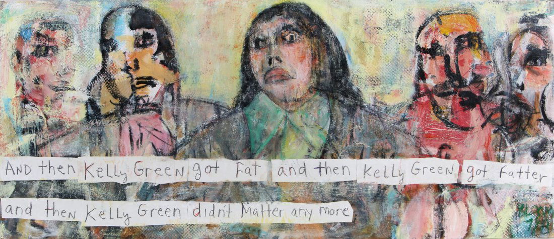 JIM BLOOM (American, b. 1968): JIM BLOOM (American, b. 1968), ''And Then Kelly Green Got Fat and Then Kelly Green Got Fatter and Then Kelly Green Didn't Matter Any More'', mixed media on panel, signed lower right and dated ''7/08''
