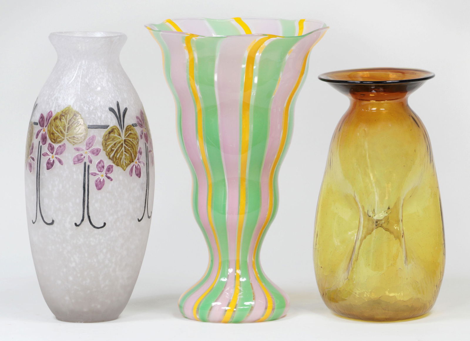 Group of (3) glass vases: Group of (3) glass vases, to include: PETER BRAMHALL (American, b. 1942), yellow hand blown vase with pinched sides, signed and dated ''1/29/79''; Legras vase with hand painted flowers; and footed str