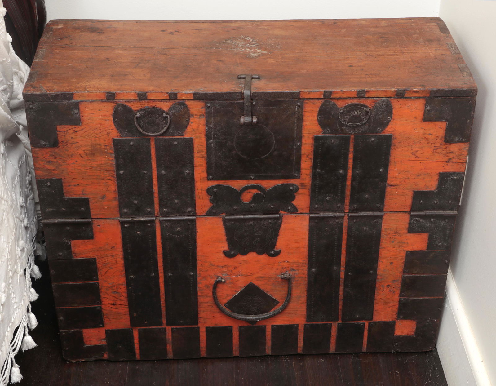 Chinese iron mounted drop front chest (1 of 5)