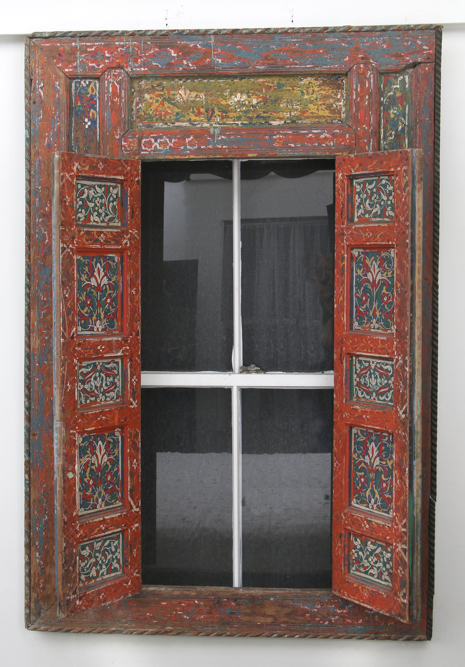Carved wood polychrome window frame and shutters (1 of 4)