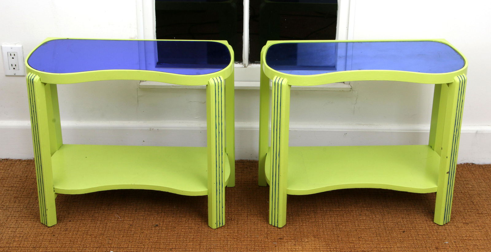 Pair of shaped blue mirrored top stands (1 of 6)