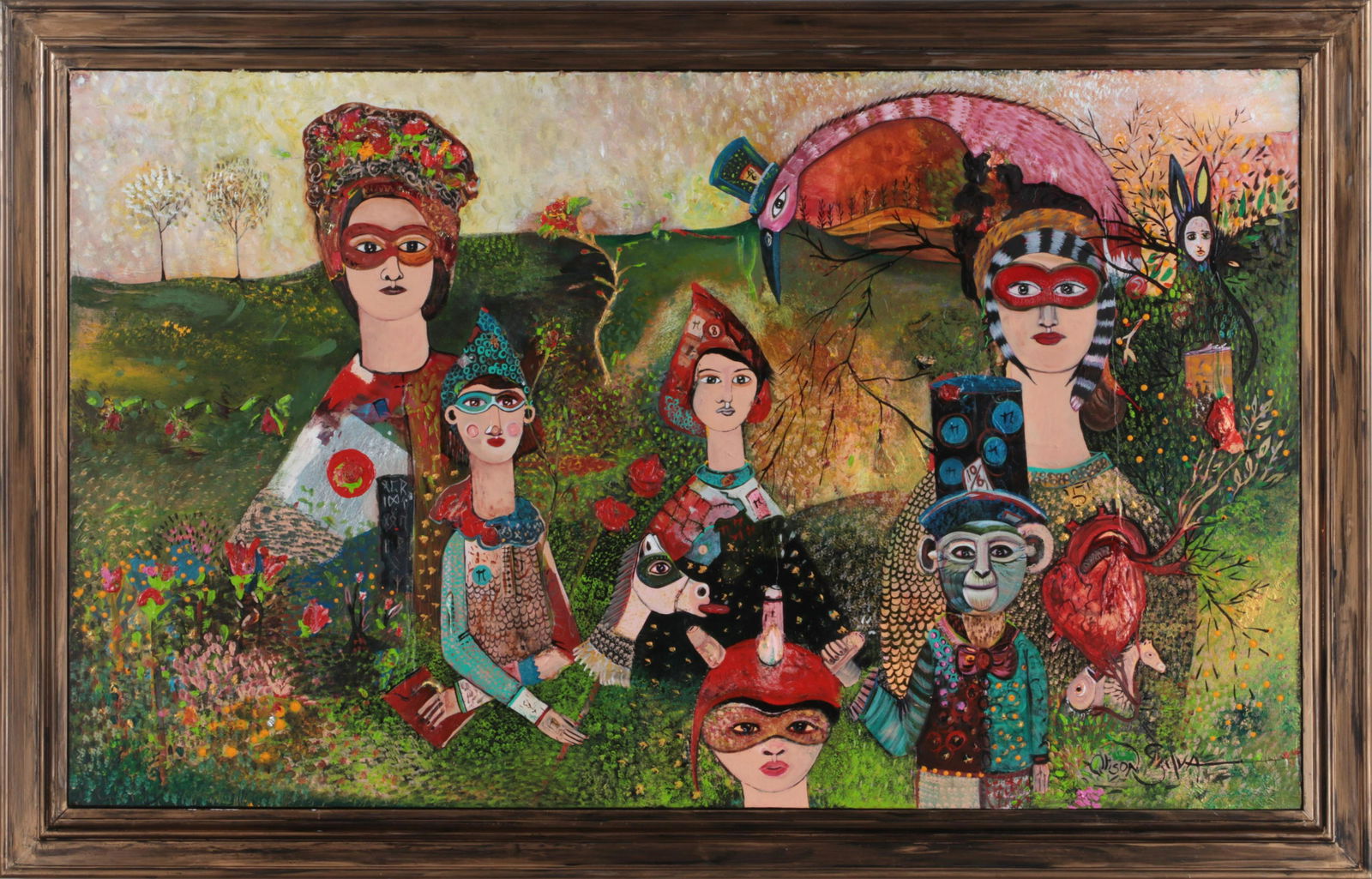 ALISON SILVA (American, b. 1975): ALISON SILVA (American, b. 1975), whimsical masked group, acrylic and collage on canvas, signed lower right. Canvas 36'h, 60''w.