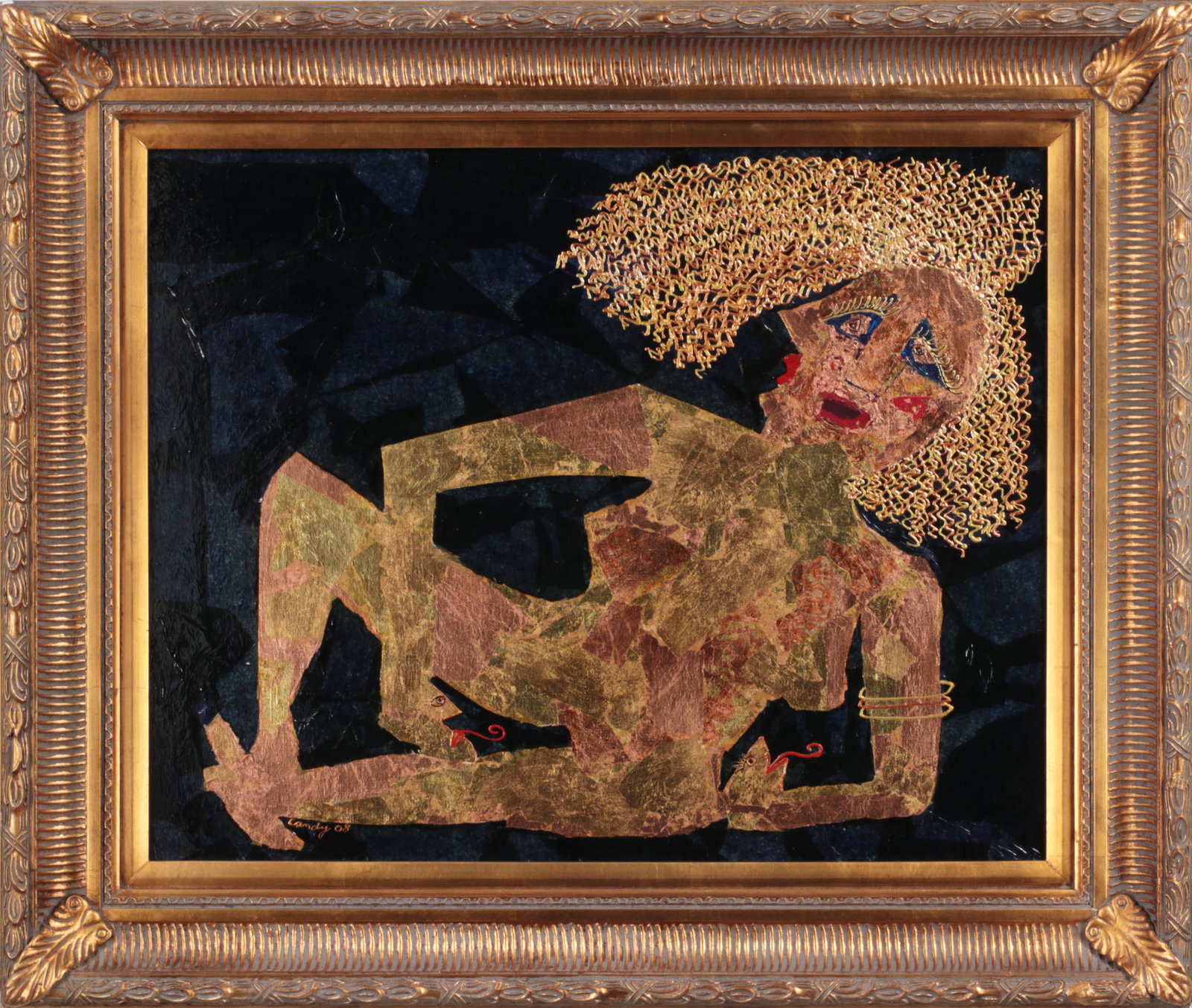 CANDYCE BROKAW (American, Long Island, 20th century): CANDYCE BROKAW (American, Long Island, 20th century), reclining female nude, mixed media on canvas, signed and dated ''Candy 08'' lower left. Sight 23-3/4''h, 29-1/2''w.