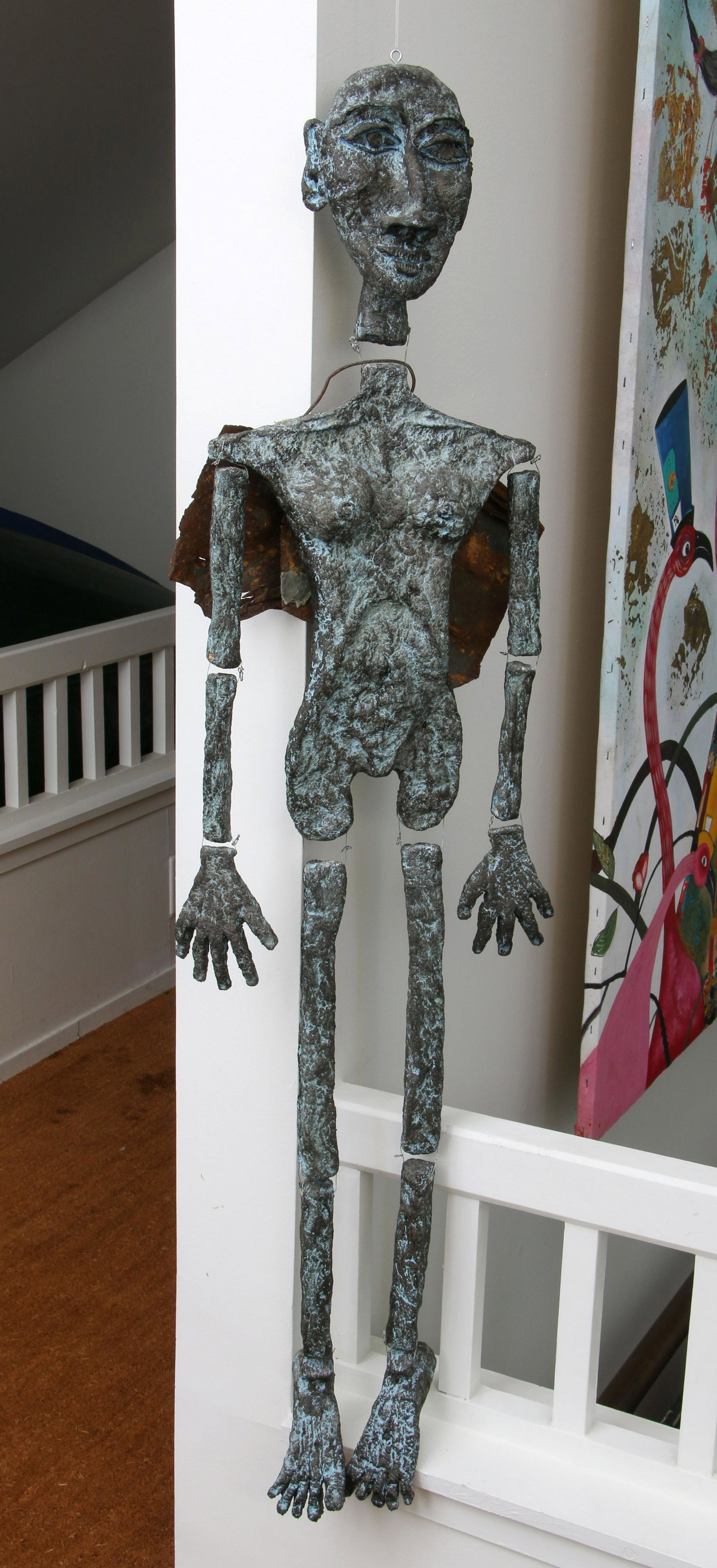 RONDI CASEY (American, Long Island, 20th century): RONDI CASEY (American, Long Island, 20th century), ''From Another World'' (marionette), acrylic, wire, paper mache and found metal. 52''h, 14''w, 4''d.