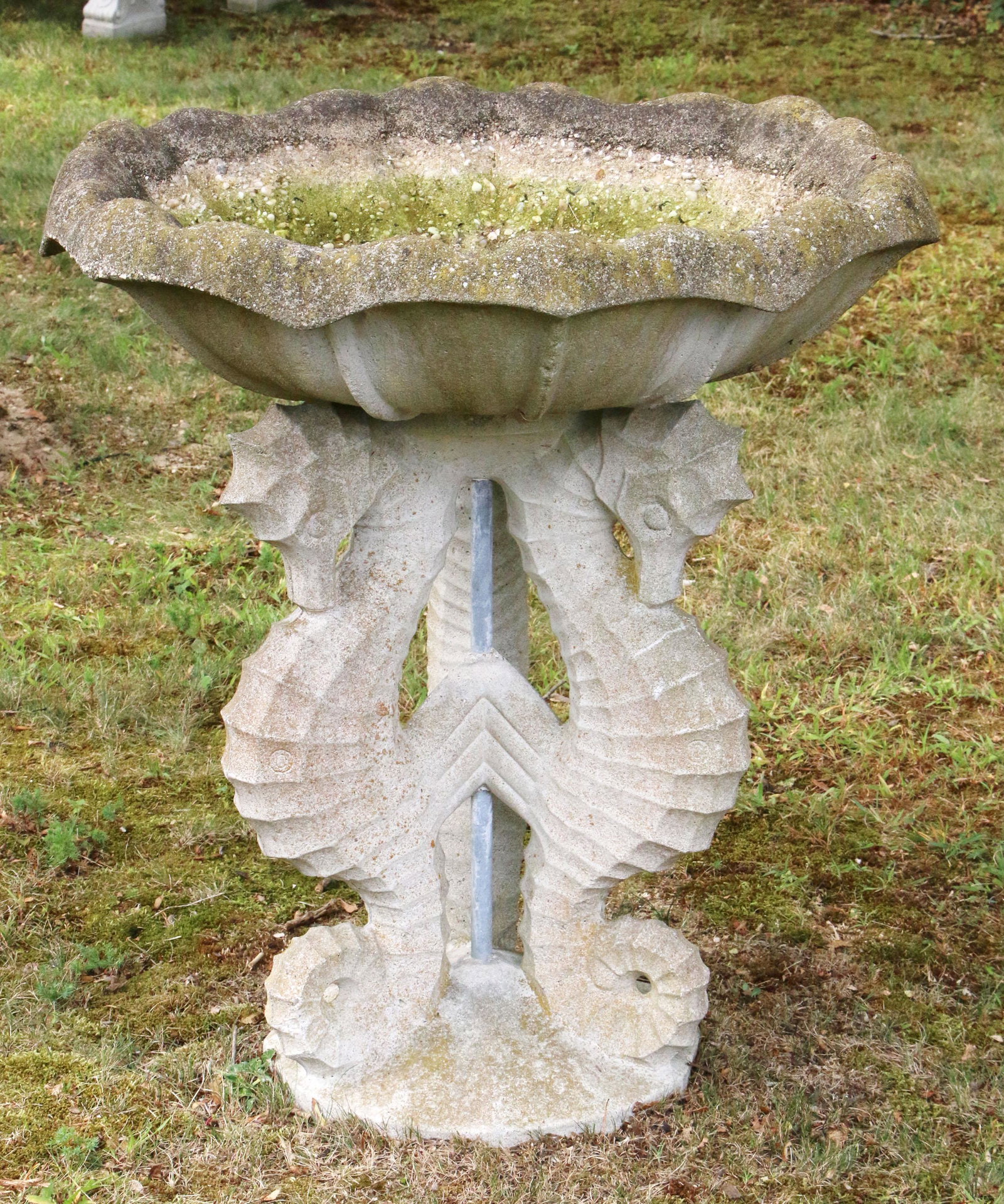 Large crushed stone seahorse bird bath: Large crushed stone seahorse bird bath. Weathered with hairlines, structurally sound. 37-1/2''h.