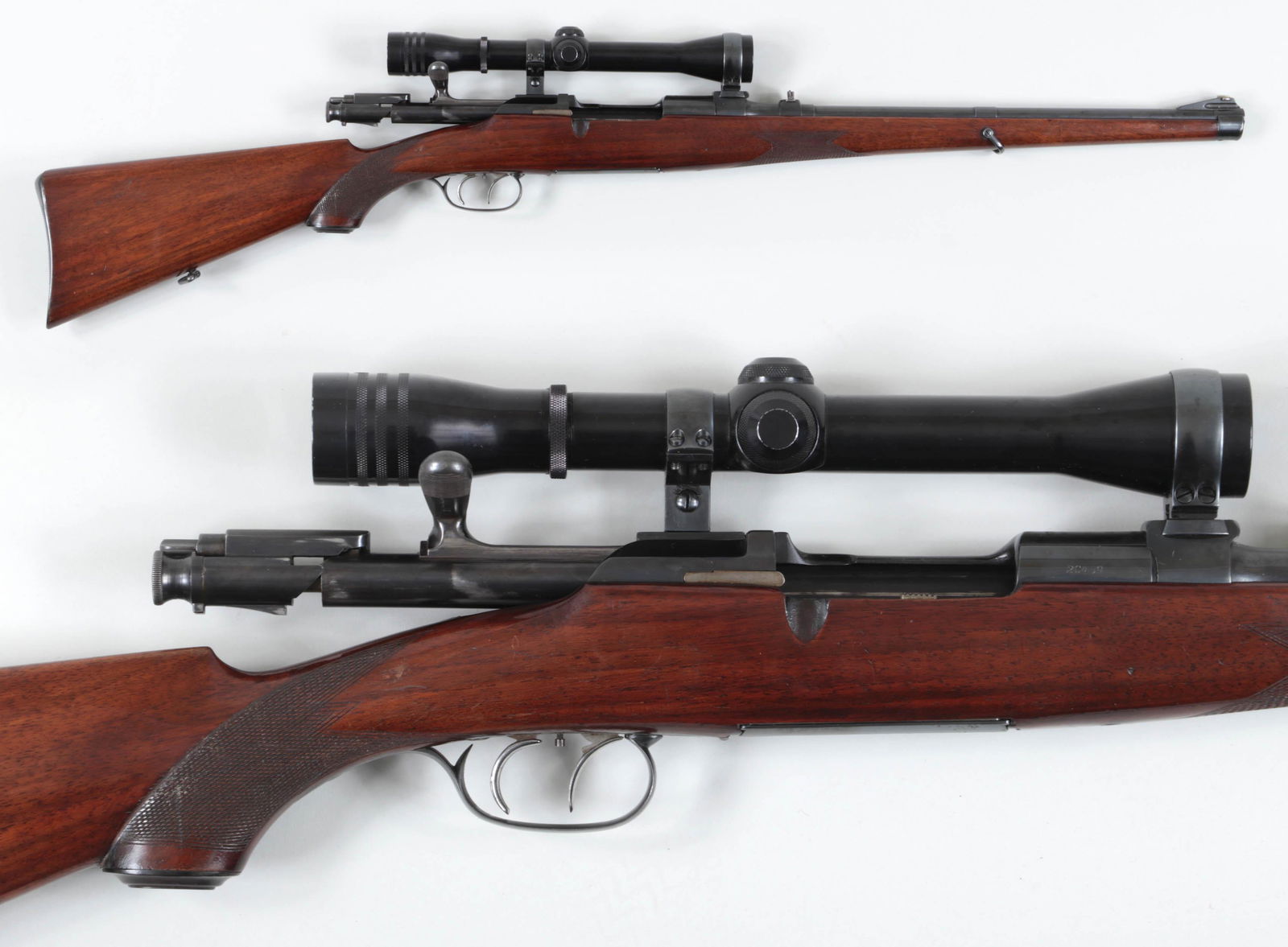 Mannlicher-Schoenauer Model 1903: Mannlicher-Schoenauer Model 1903 Mountain Carbine in 6.5 MS. The barrel measures 17-3/4'' with folding sights and scope. The rotary magazine holds five shots with double set triggers. The full-length