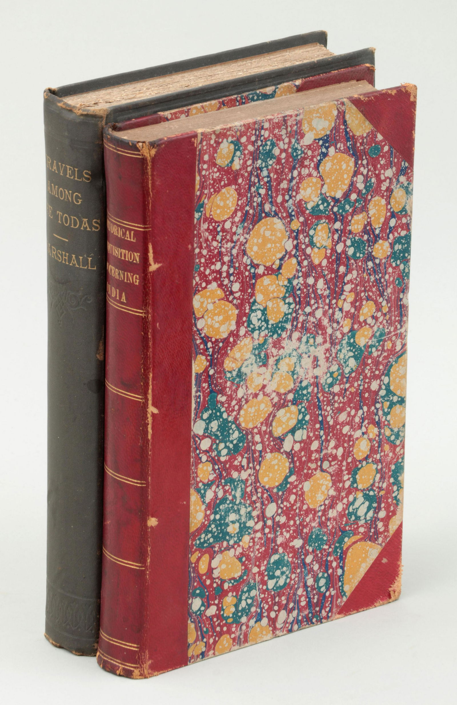 Group of (2) books on India: Group of (2) books on India, to include: ''An Historical Disquistion of India,'' by William Robertson, 1822, London: Printed for J. Richardson & Co, etc, includes two folding maps, (tanning, some foxi