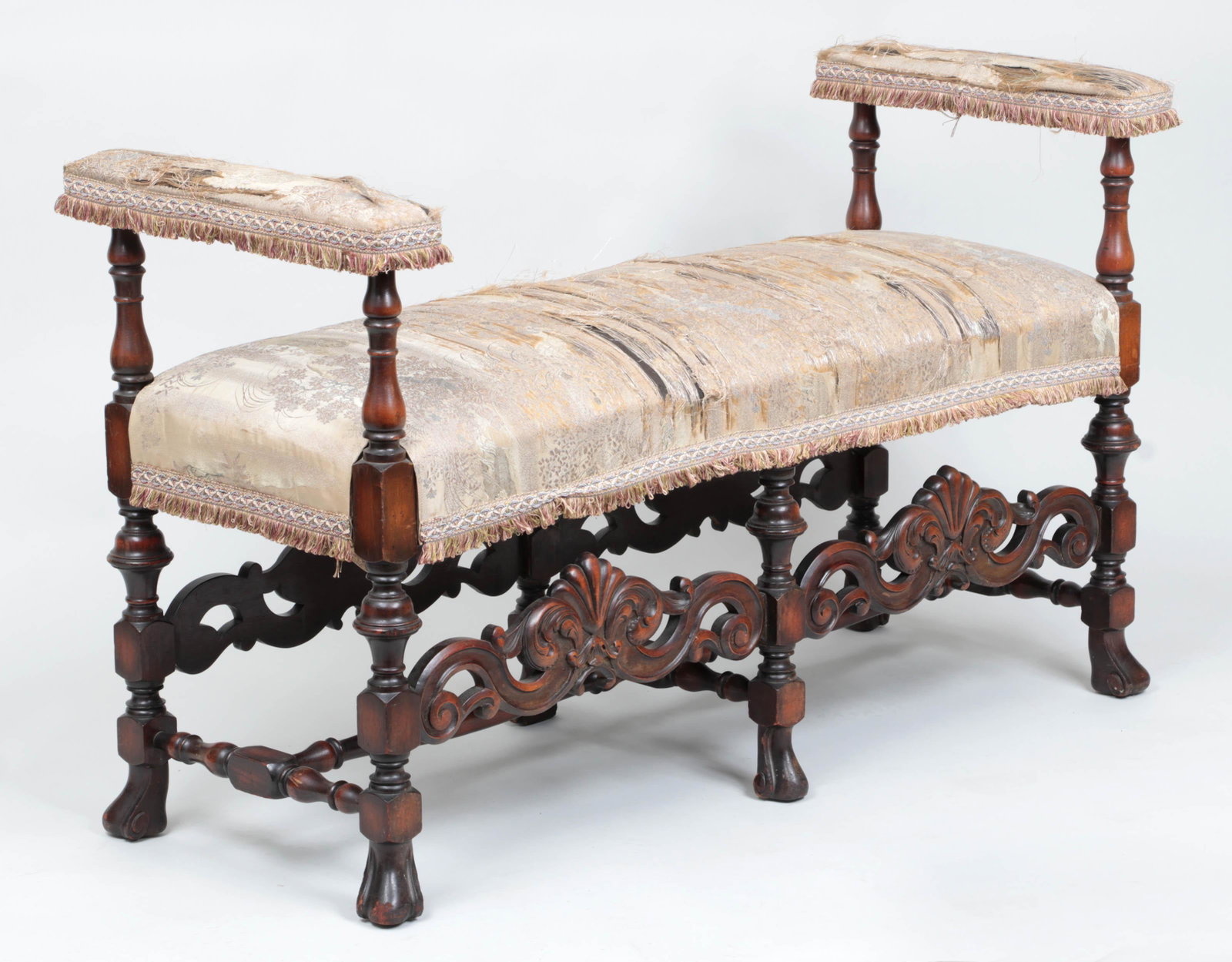 Baroque style walnut bench: Baroque style walnut upholstered window bench. Wear from use, upholstery as found. 28-3/4''h, 47''w, 18-1/2''d.