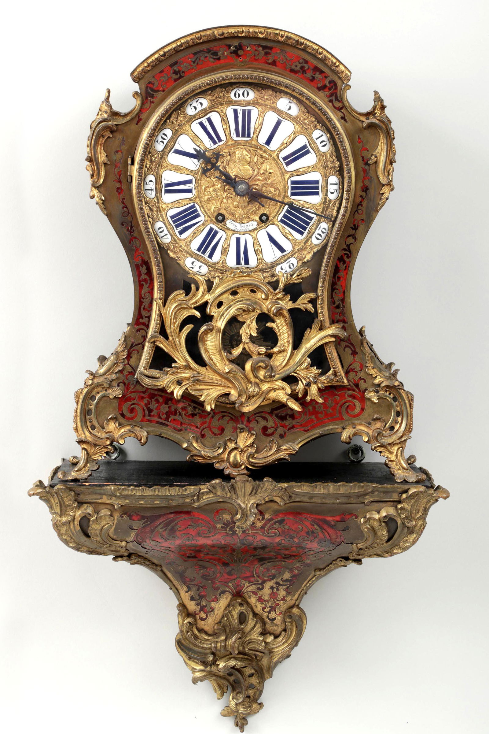 Louis XV boulle bracket clock: Louis XV boulle bracket clock with gilt bronze detailing and wall mount, signed ''Paul Thimig, Dresden'', movement marked ''Z & Co. Paris'' & ''S. Marti et Cie''. Some loss to veneer and lifting of br