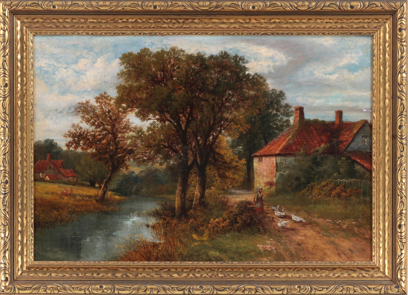 OCTAVIUS THOMAS CLARK: OCTAVIUS THOMAS CLARK (British, 1850-1921), cottage by stream with woman and geese, oil on canvas laid to board, signed lower right. Two small abrasions with loss, craquelure. Sight 19-3/4''h, 29-1/4'