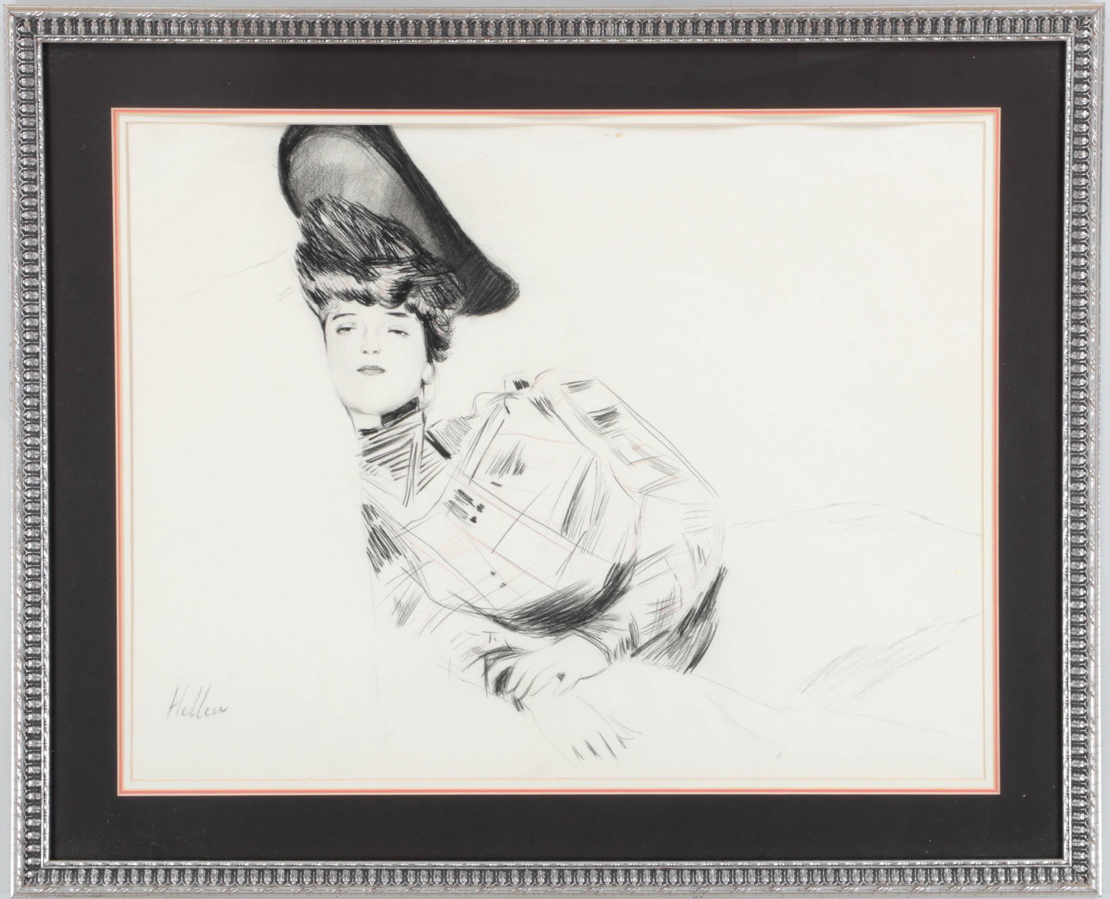 PAUL-CESAR HELLEU: PAUL-CESAR HELLEU (French, 1859-1927), half length reclining woman in hat, charcoal with red and white chalk on wove paper, signed lower left. Laid down, bubbling, minor stains at middle right and upp