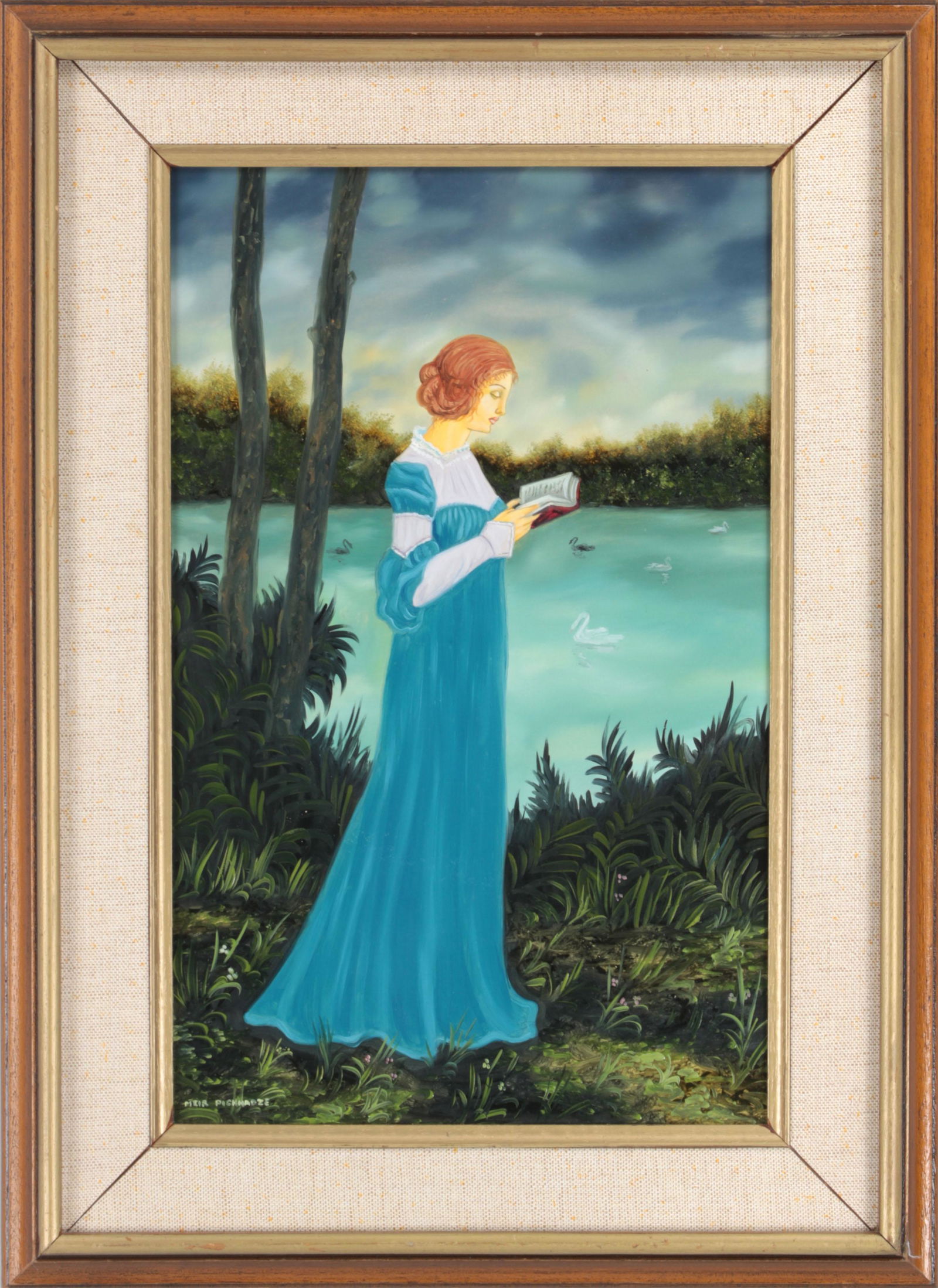 MEIR PICHHADZE (Israeli, 1955-2010): MEIR PICHHADZE (Israeli, 1955-2010), woman reading a book, oil on masonite, signed lower left. Minor surface abrasions. Masonite 16''h, 10''w.