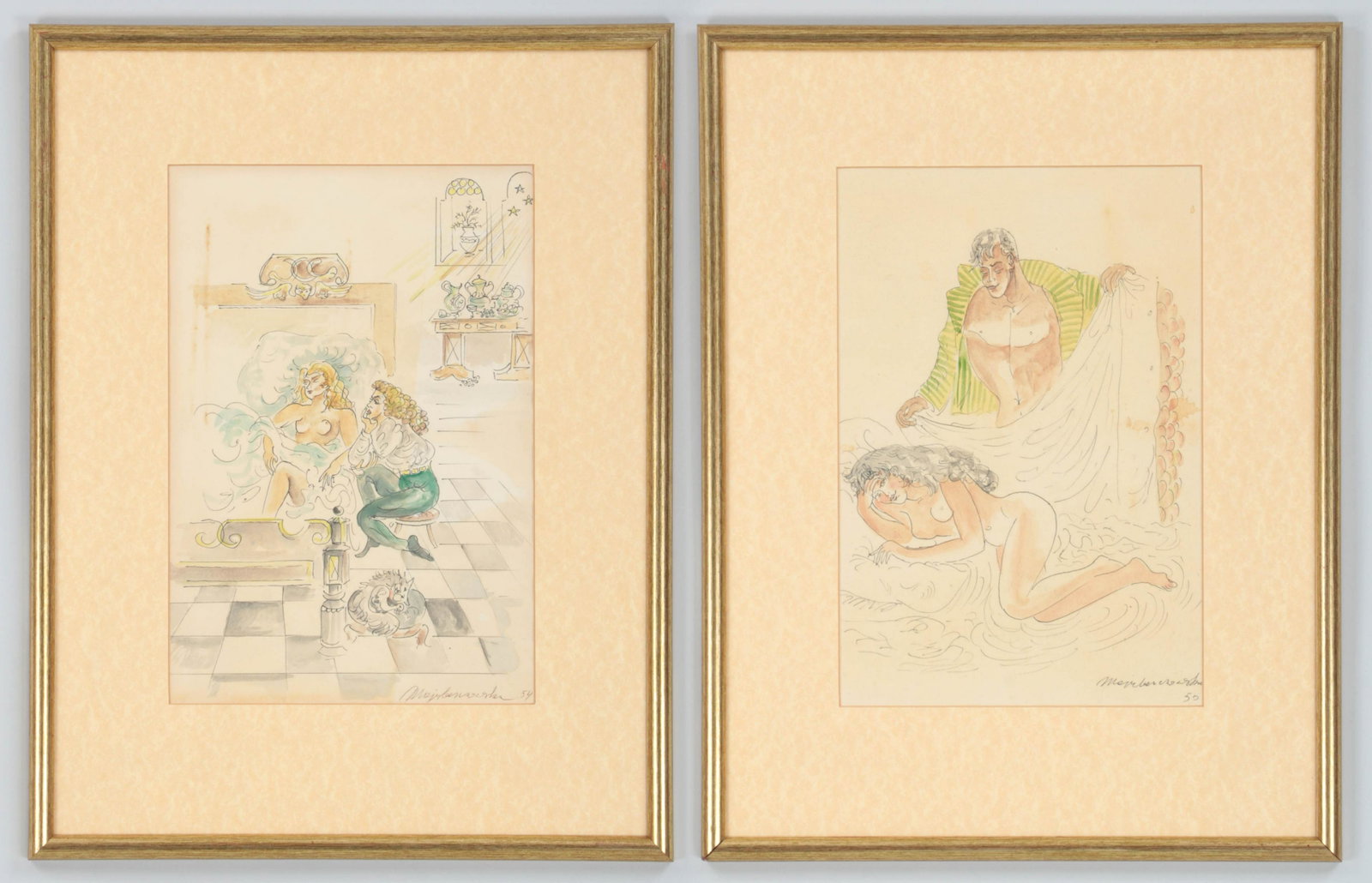 MAJA BEREZOWSKA, (Polish, 1898-1978): MAJA BEREZOWSKA, (Polish, 1898-1978), group of (2) erotic drawings, to include: reclining nude woman with male lover, ink and watercolor on paper, signed lower right and dated ''55''; and reclining nu