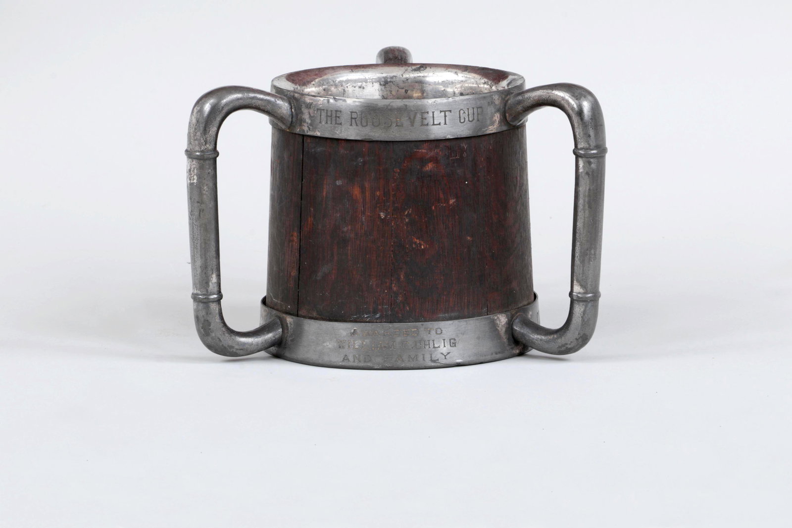 Oak and pewter loving cup: Oak and pewter loving cup trophy, inscribed, ''Class of '96, Columbia University, The Roosevelt Cup, Awarded to, William G. Uhlig, and Family, Decennial, June 13, 1906,'' marked on bottom ''John Frick