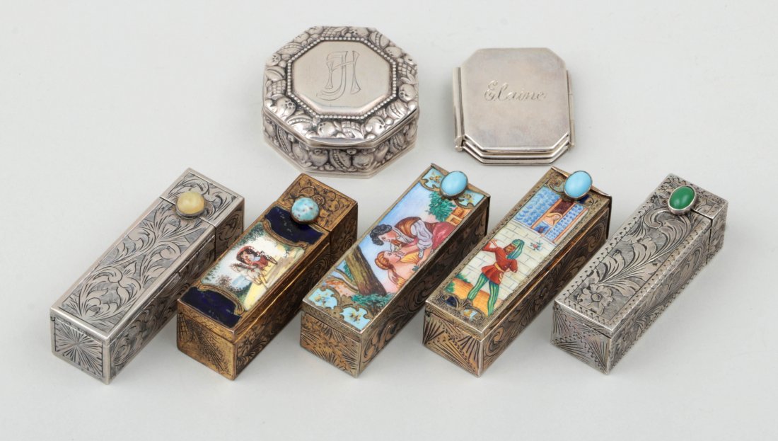 Group of (7) silver items: Group of (7) silver items, to include: Cartier sterling triptych frame; (5) .800 silver Italian lipsticks, including: (3) with enamel courting scenes; and pill box. Hinge on pill box broken. Total app
