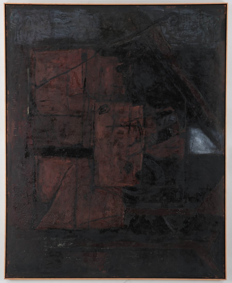SYMCHO MOSZKOWICZ, (Polish/Swedish, 1915-1966): SYMCHO MOSZKOWICZ, (Polish/Swedish, 1915-1966), ''Composition'', 1959, oil on masonite, initialed upper left, name of artist and sister's address inscribed to verso. Masonite 60''h, 48-1/4''w. Exhibit