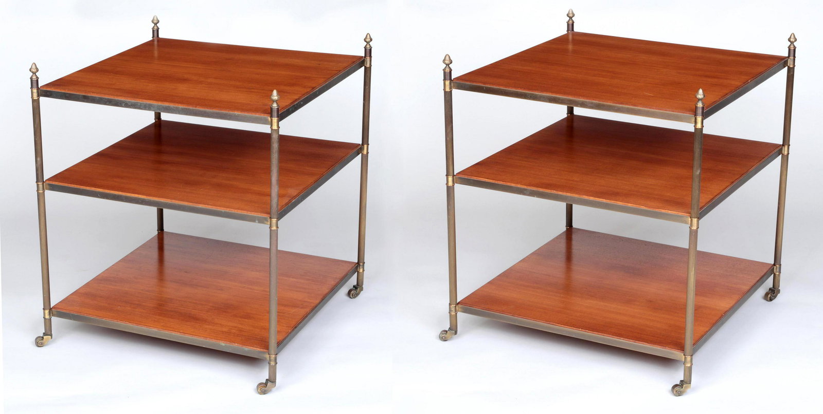 Pair John Boone side tables: Pair John Boone three-level side tables with heavy brass frame and mahogany shelves. Wear from use. 28-1/2''h, 25-1/4''sq.