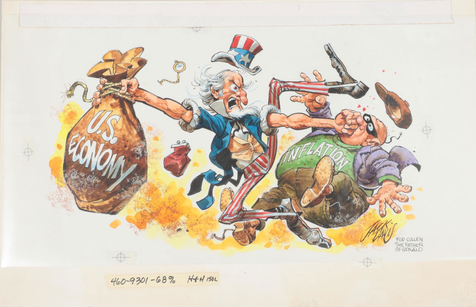JACK DAVIS (American, 1924-2016): JACK DAVIS (American, 1924-2016), ''U.S. Economy and Inflation'' political cartoon, c. 1980s, mixed media on illustration board, signed and inscribed ''For Cullen the Father of Gerald'' lower right. B