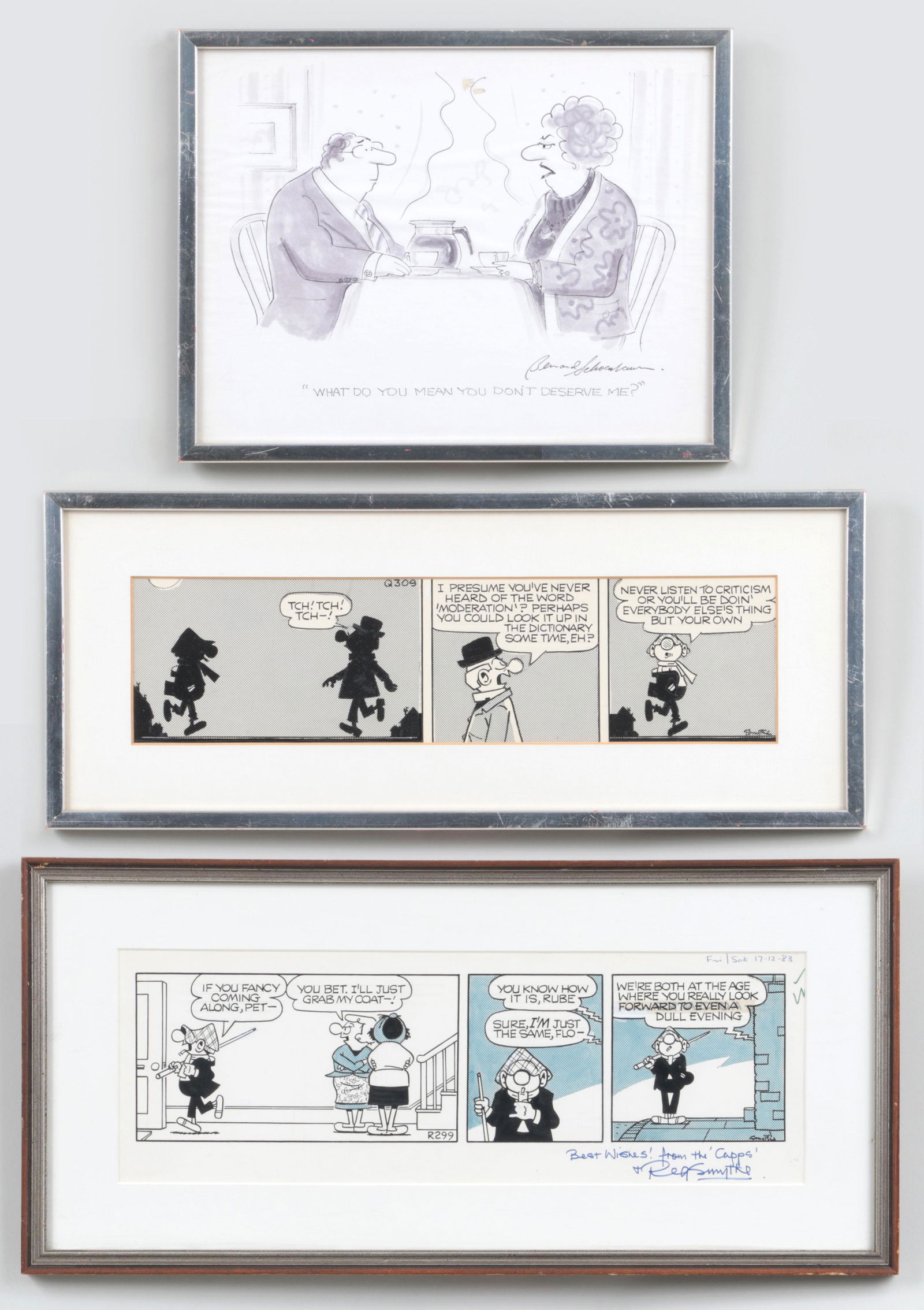 Group of (3) cartoon illustrations: Group of (3) cartoon illustrations, to include: REGINALD SMYTHE (British, 1917-1998), (2) Andy Capp comic strips, ink on paper, both signed, one inscribed ''Best Wishes, From the 'Capps and Reg Smythe