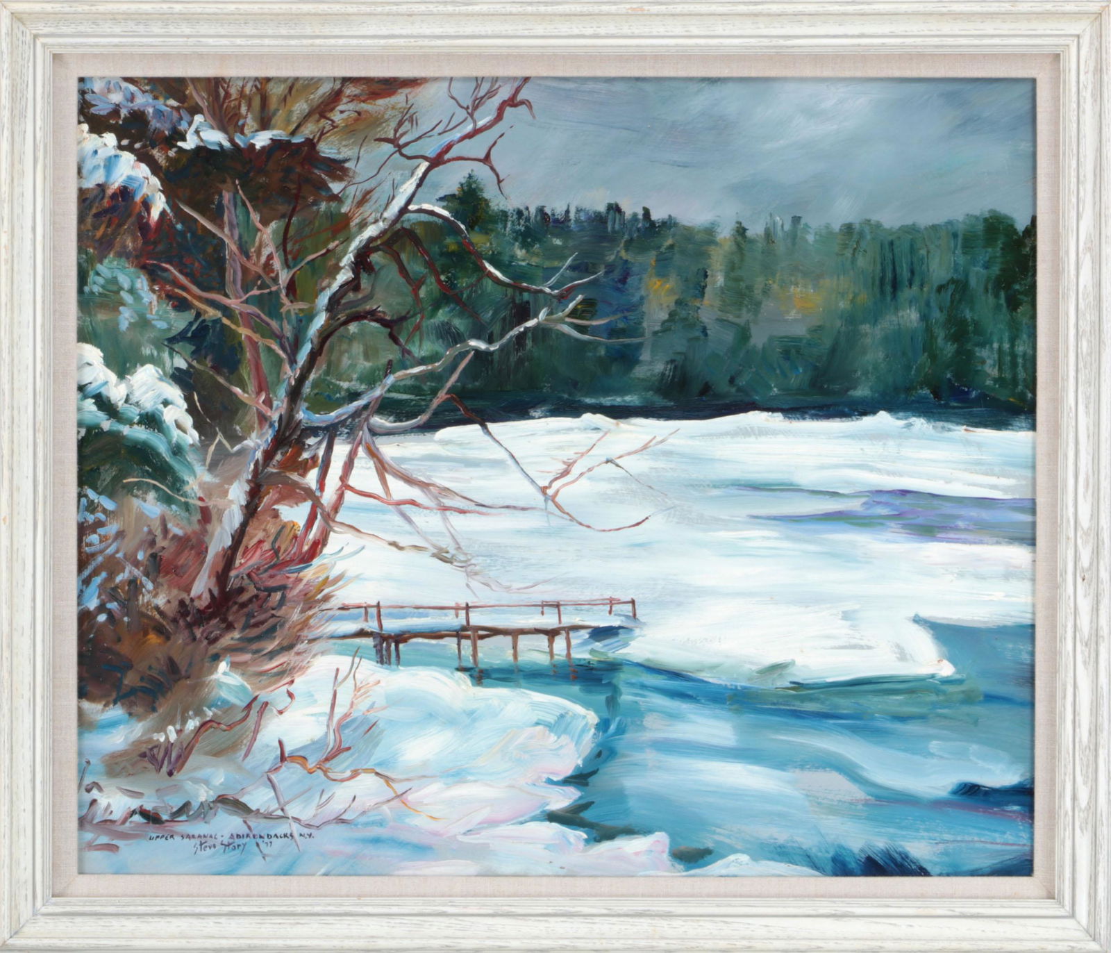 STEVE STORY (American, 20th century): STEVE STORY (American, 20th century), ''Upper Saranac, Adirondacks, NY'', oil on masonite, signed, titled and dated '''77'' lower left and on verso. Masonite 20-1/4''h, 24-1/4''w. Provenance: Purchase