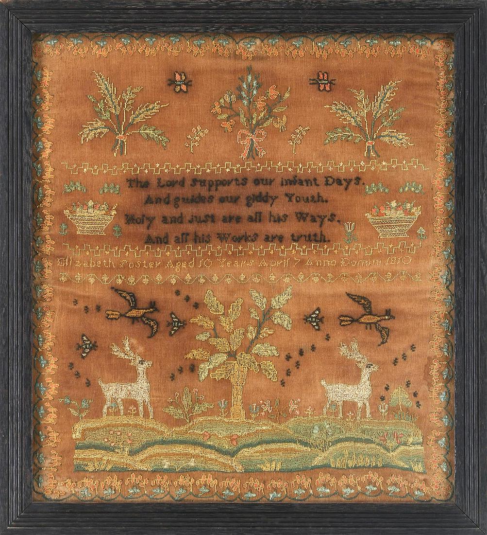 Needlepoint sampler, 1810: Needlepoint sampler made by Elizabeth Foster, 1810, with a verse and flora and fauna motifs, including deer and dragonflies. Discoloration consistent with age, two small losses, small stain. Sight 16'