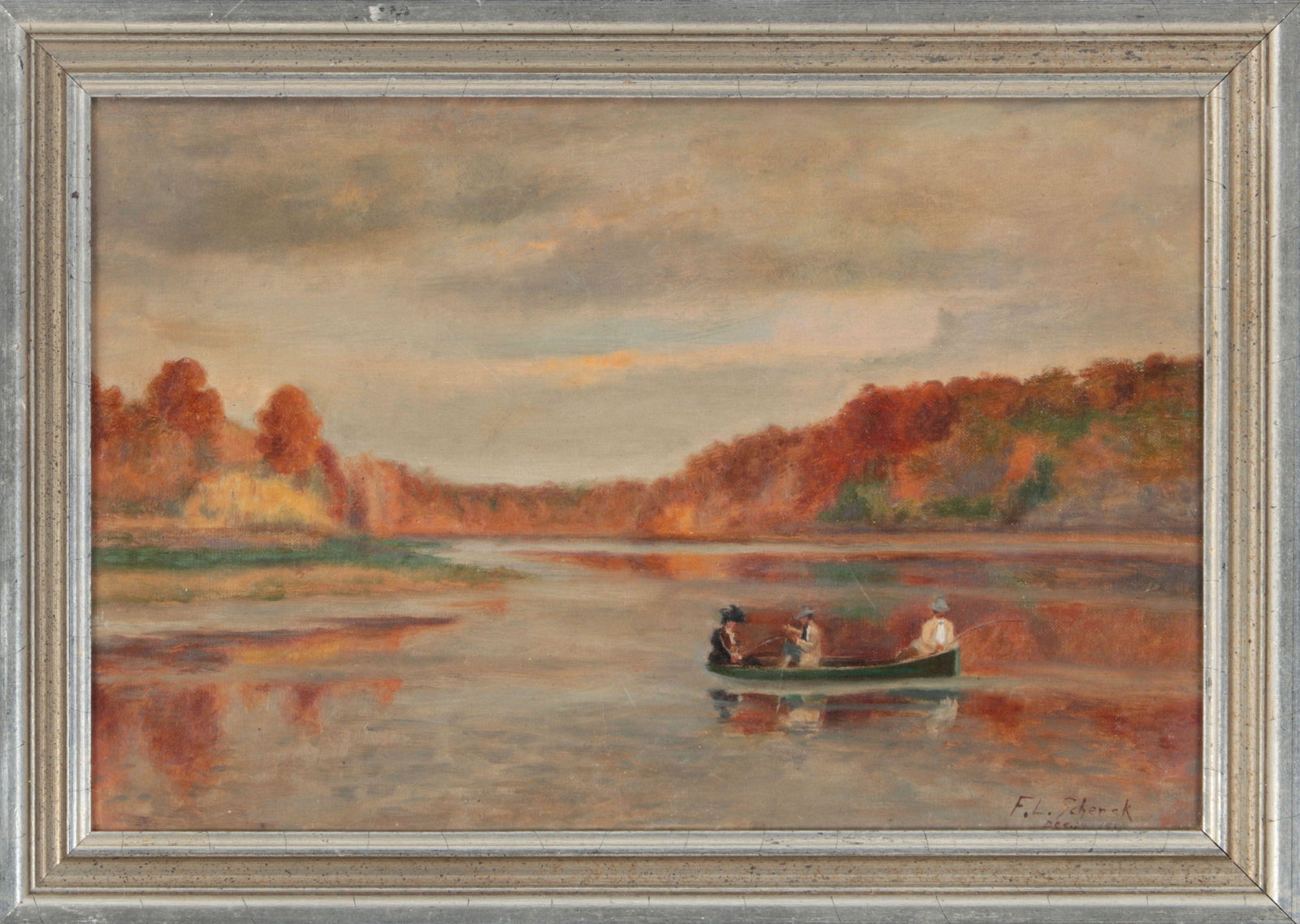 Fishing party (British School, 20th century): Fishing party (British School, 20th century), oil on canvas, signed ''F.L. Schenck'' lower right and dated indistinctly ''Dec. 24, 1900'' (or ''1908''). Canvas 12''h, 18''w.