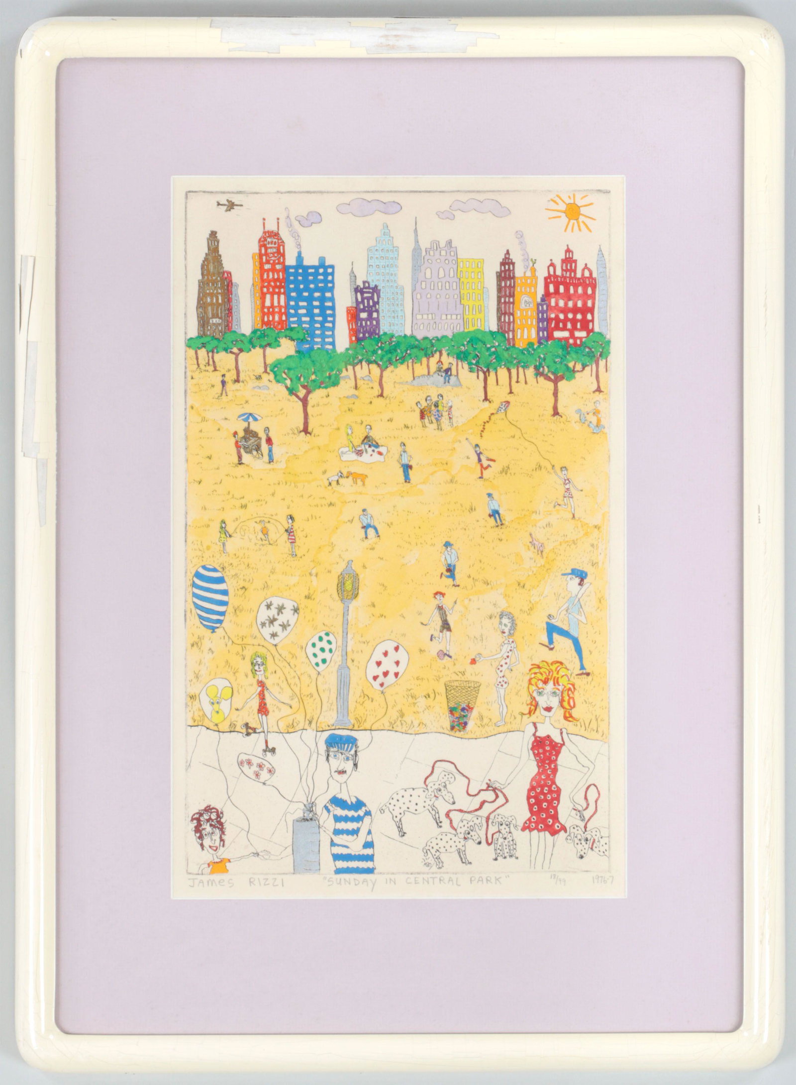 JAMES RIZZI (American, 1950-2011): JAMES RIZZI (American, 1950-2011), ''Sunday in Central Park'', handcolored etching, pencil signed lower left, titled lower middle, numbered ''18/99'', and dated ''1976-7'' lower right. Under glass. Pl
