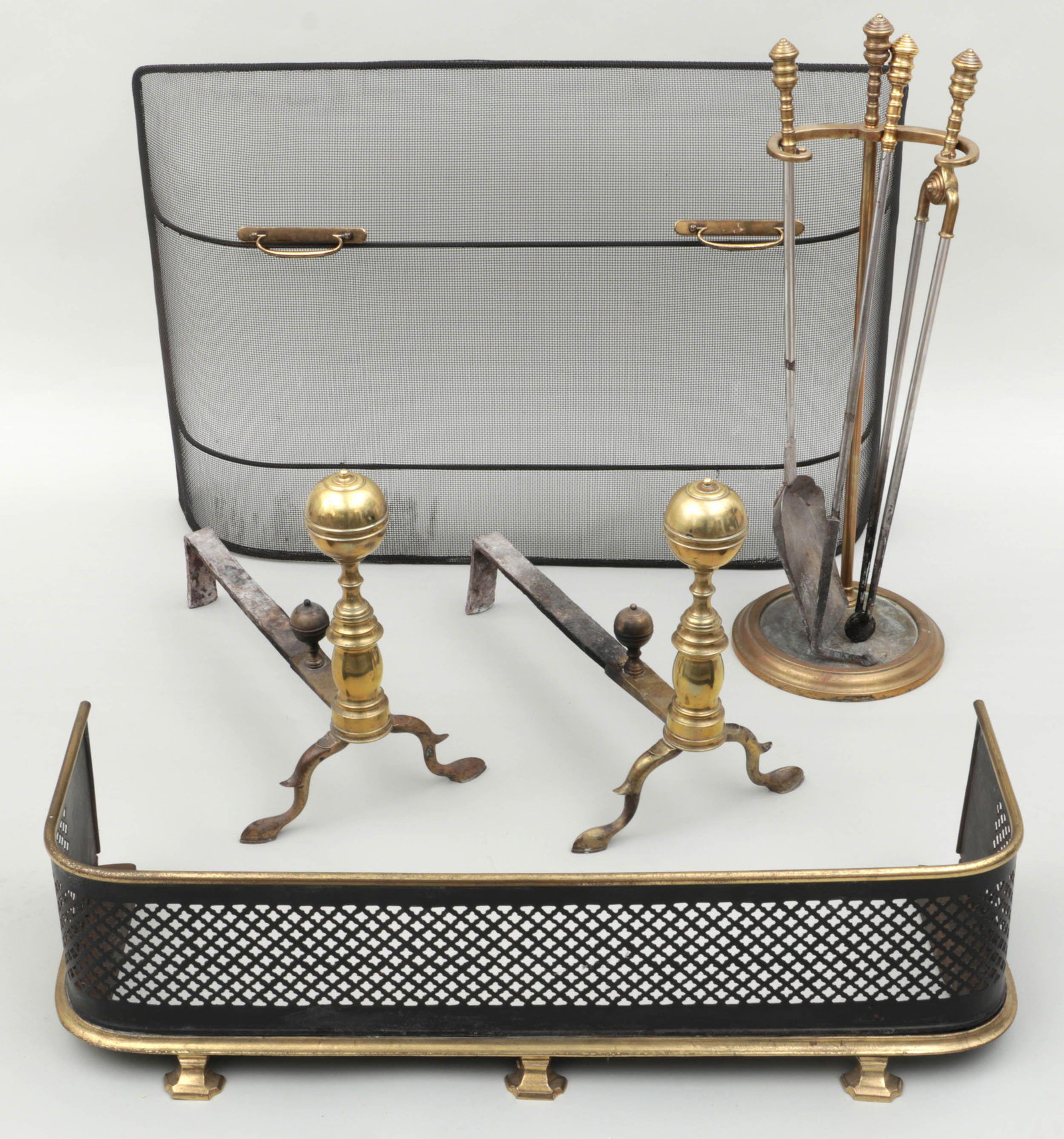 Federal John Molineaux cannonball andirons: Pair of Federal John Molineaux cannonball andirons, signed and marked ''Boston''; along with: fender; set of (3) tools with stand; and fire screen. Andirons 16-1/2''h.