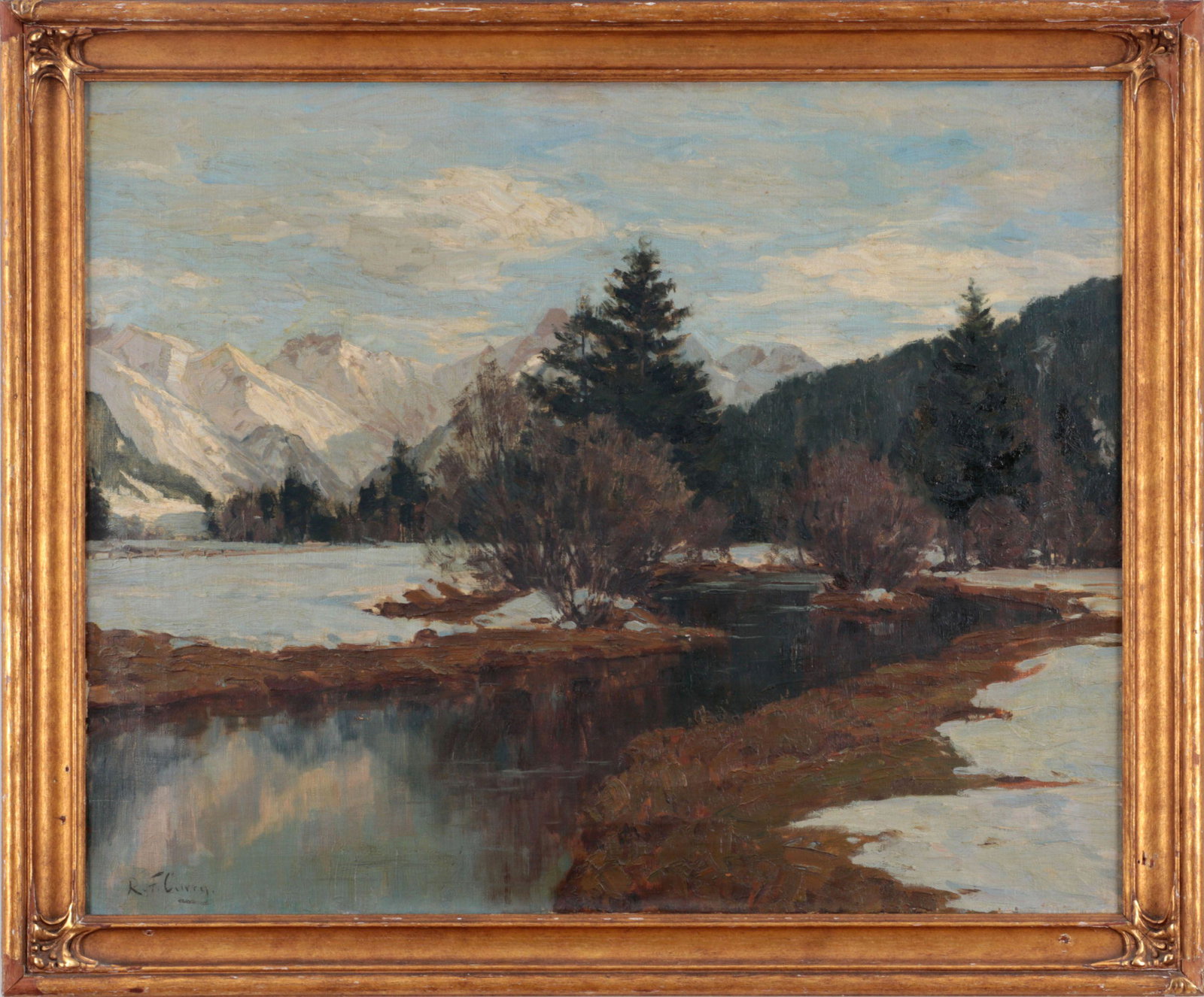 ROBERT FRANZ CURRY (American, 1872-1945): ROBERT FRANZ CURRY (American, 1872-1945), winter landscape with snow-capped mountains, oil on canvas, signed lower left. Canvas loose, dirt and grime, minor frame rub with overpaint, minor tear and pu