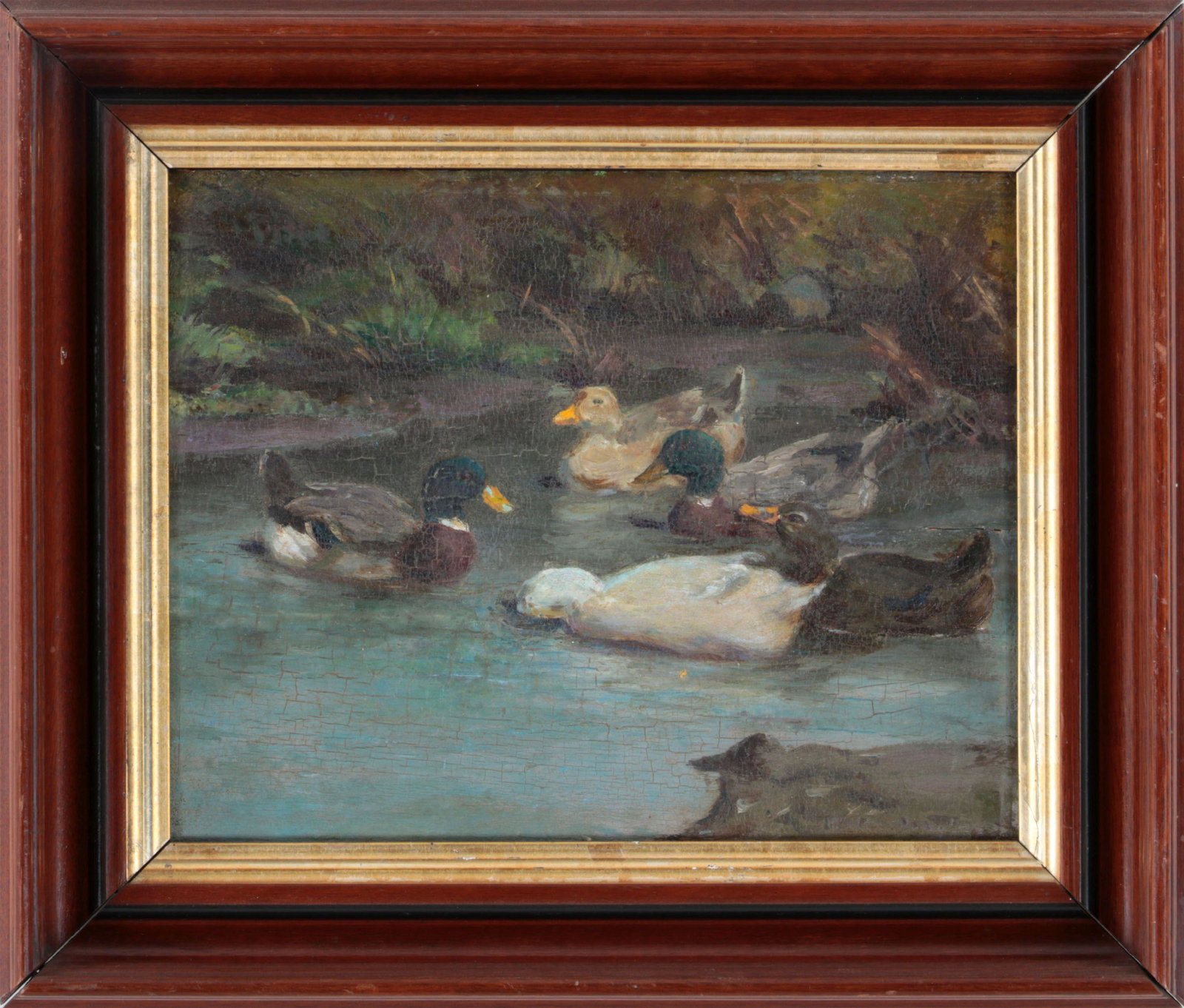 WALTER DOUGLAS (American, 1868-1948): WALTER DOUGLAS (American, 1868-1948), ''Puddlers'', oil on panel, signed lower right, with another duck painted on panel verso, Albert du Vannes gallery label and two other unknown labels adhered to v