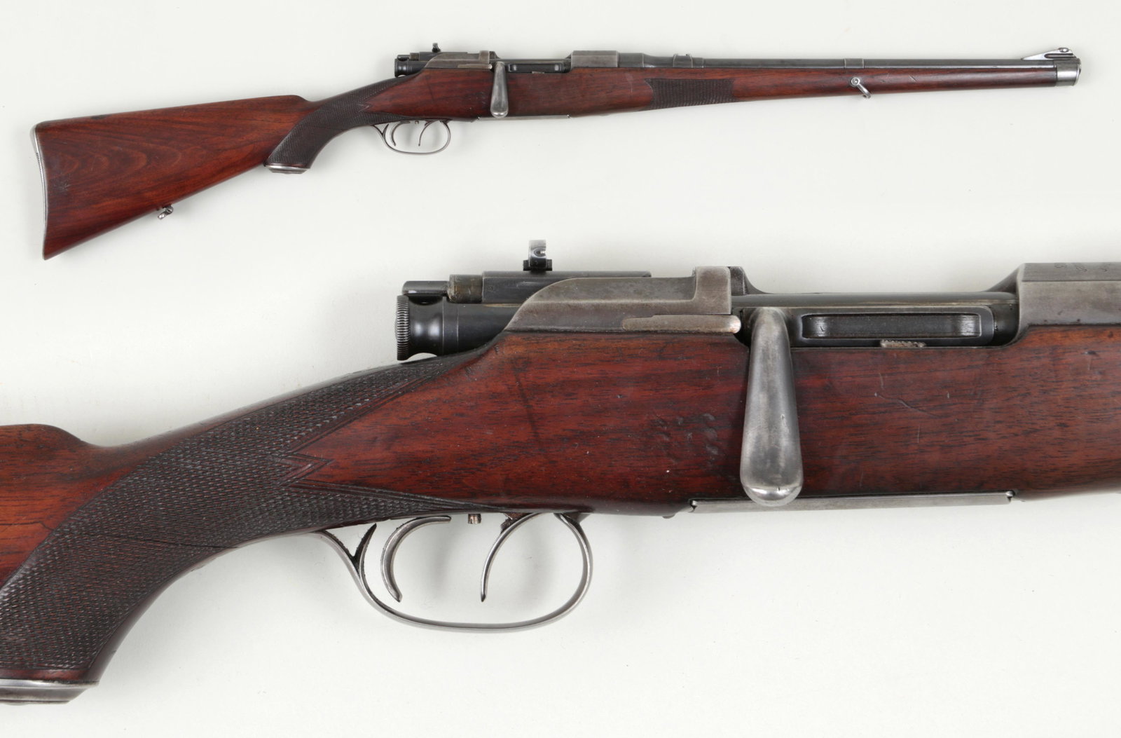 Mannlicher Schoenauer Model 1903 Mountain Carbine: Mannlicher Schoenauer Model 1903 Mountain Carbine on 6.5 x 54 MS. The barrel measures 17'' with a Lyman 36 swing away peep sight designed to allow the bolt to pass freely back and forth. This sight wa