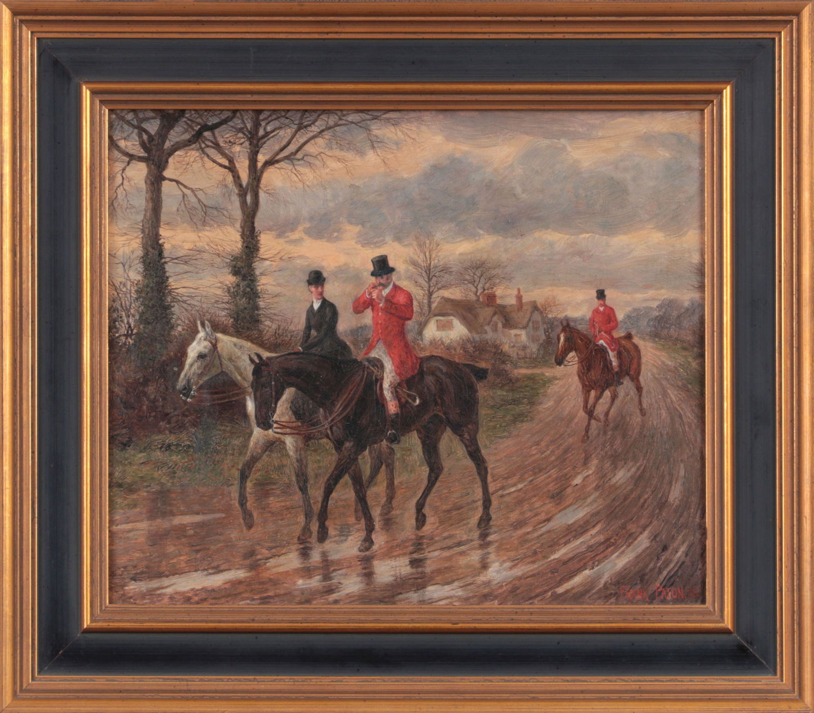 FRANK PATON (British, 1855-1909): FRANK PATON (British, 1855-1909), riders on horseback, oil on canvas, signed lower right. Two repaired tears. Canvas 10''h, 12''w.