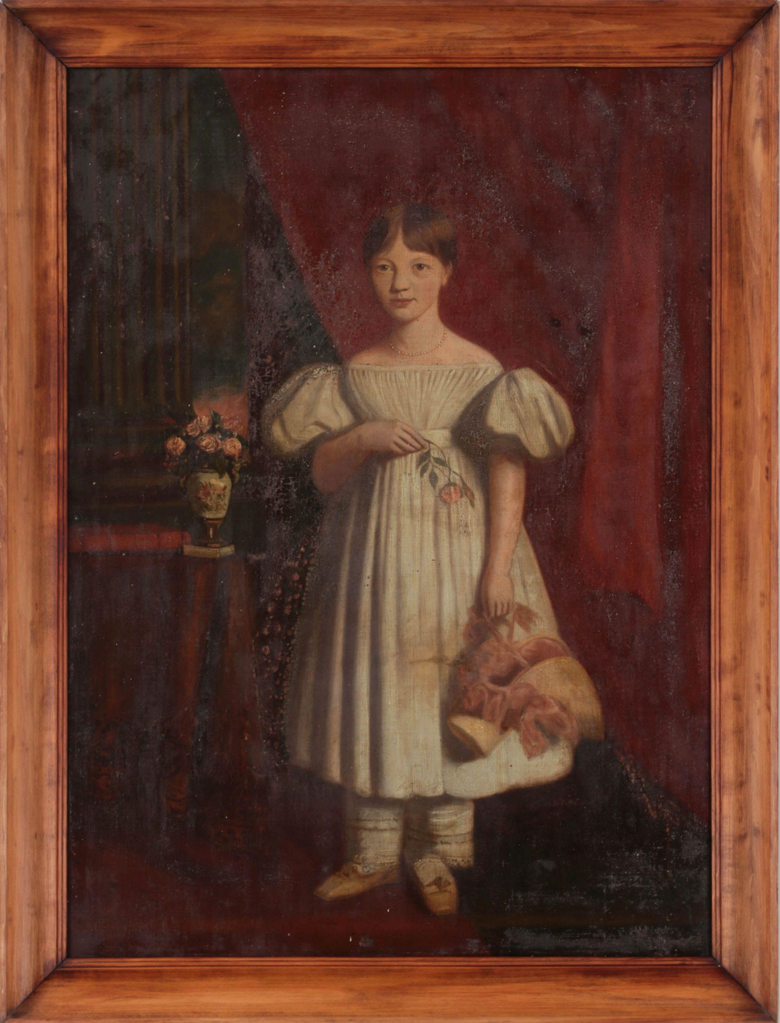 Girl holding bonnet and pink rose: Girl holding bonnet and pink rose (English School, 19th century), oil on canvas, unsigned. Repaired tear lower middle, delamination and flaking throughout. Canvas 36''h, 26''w.