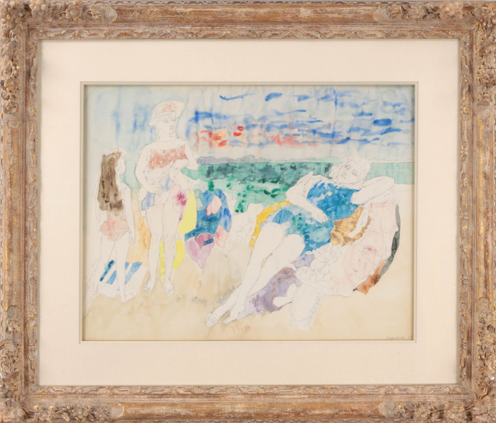 RAYMOND LEGUEULT (French, 1898-1971): RAYMOND LEGUEULT (French, 1898-1971), reclining figures on the beach, watercolor and graphite on paper, pencil signed lower right and dated ''68''. Framed, matted and glazed. Sight 17''h, 23''w.