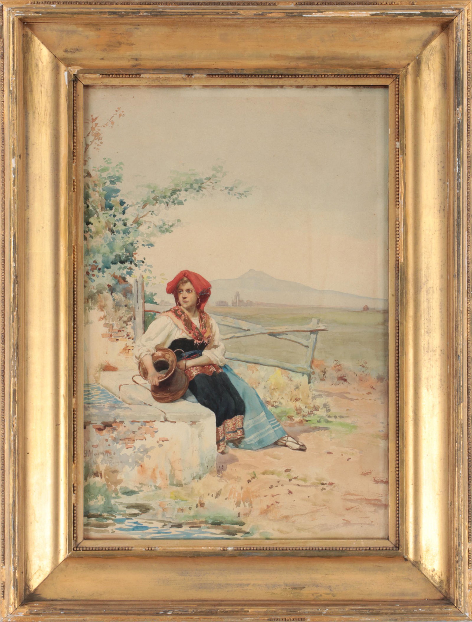 Italian School (19th/20th century): Italian School (19th/20th century), seated woman with amphora, watercolor on paper laid to board, signed ''S. Marengo'' and inscribed ''Roma'' lower left. Framed and glazed. Toning, light staining, ma