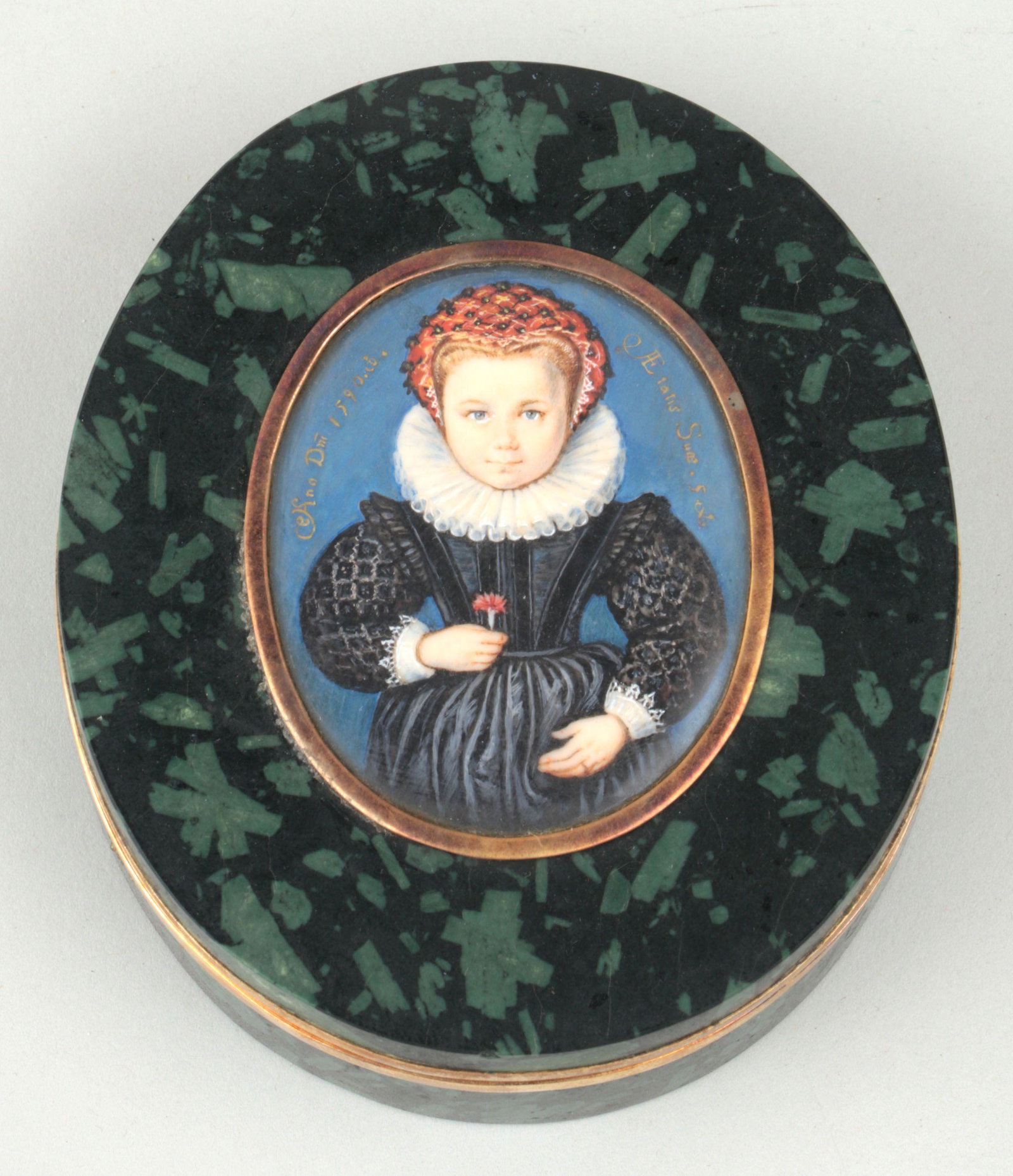 After ISAAC OLIVER (English, c. 1565-1617): After ISAAC OLIVER (English, c. 1565-1617), portrait miniature inset snuff box, with portrait of Elizabethan girl, watercolor and gouache, brass mounted nephrite box. Flake to base of lid. 1''h, 3-3/8