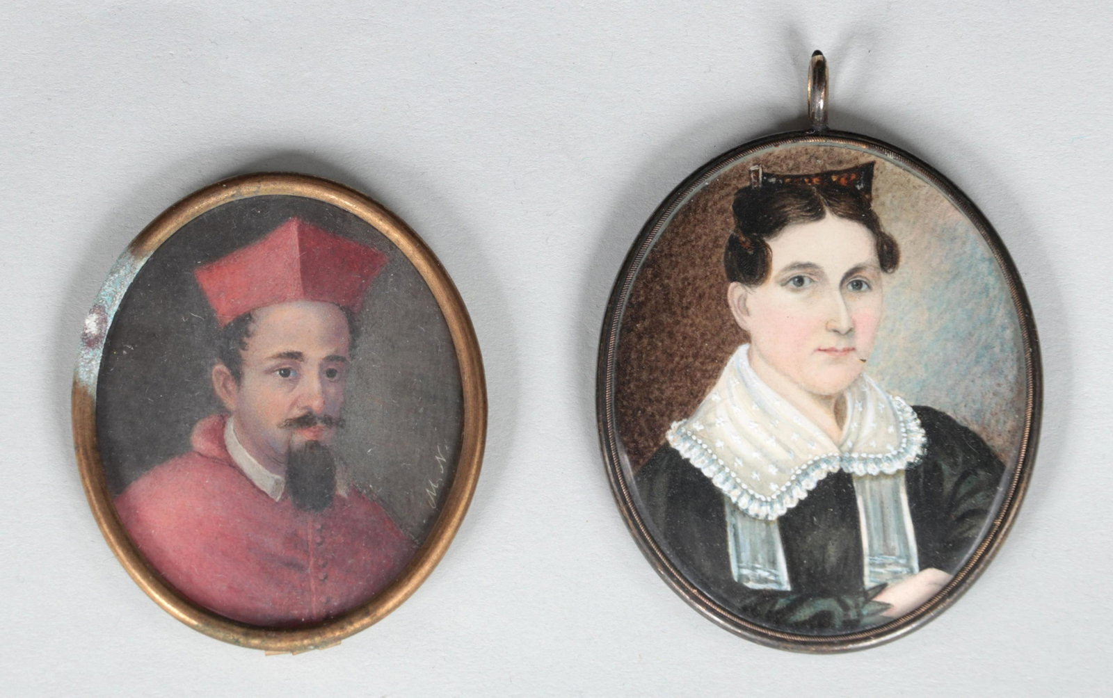 Group of (2) portrait miniatures: Group of (2) portrait miniatures, to include: mourning portrait of woman (American School, 19th century), in pendant locket, (lacking portion with hair); and portrait of Roman Catholic cardinal (Europ