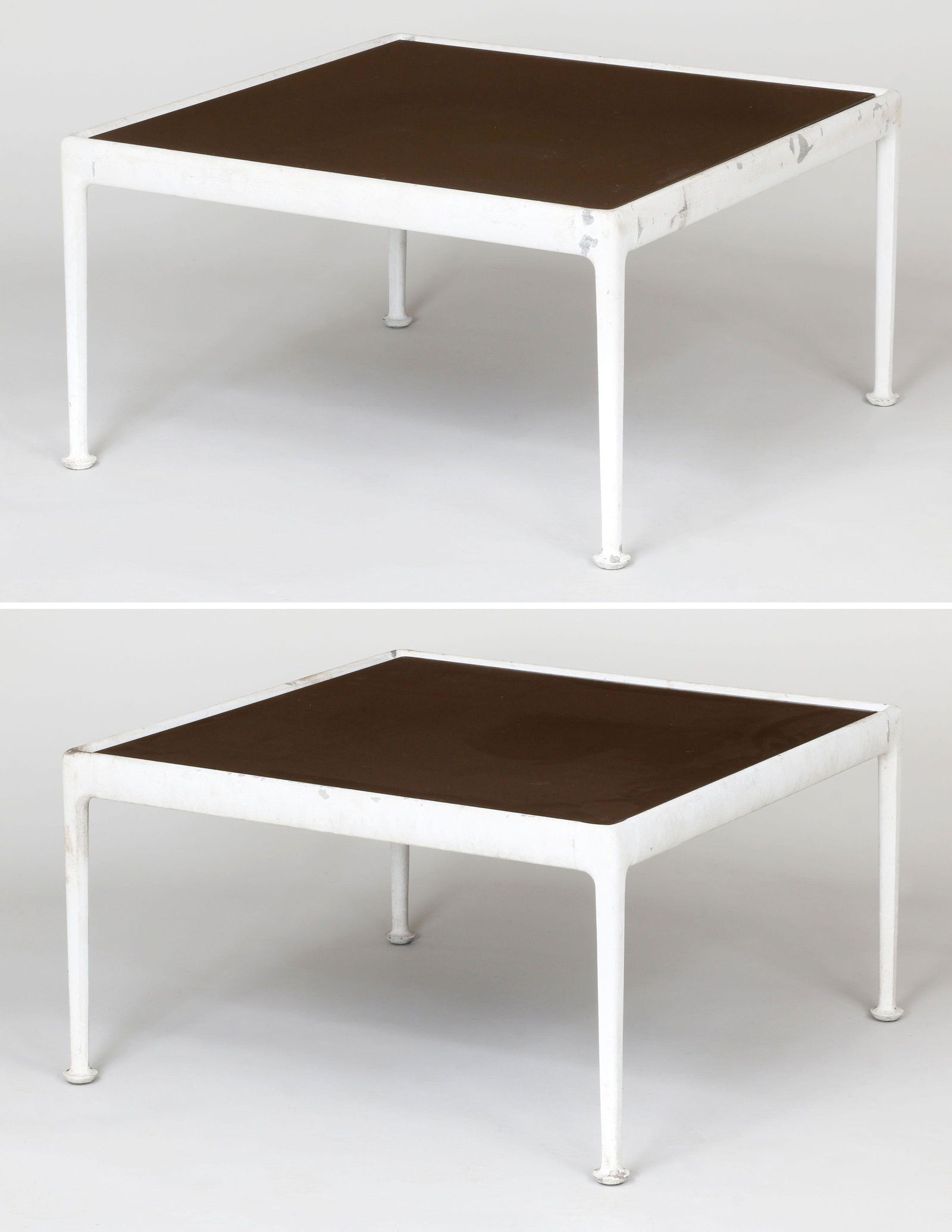 Pair of enamel top Richard Schultz for Knoll: Pair of enamel top Richard Schultz for Knoll side tables. Paint loss, missing some bottom board supports. 15-1/2''h, 28''sq.