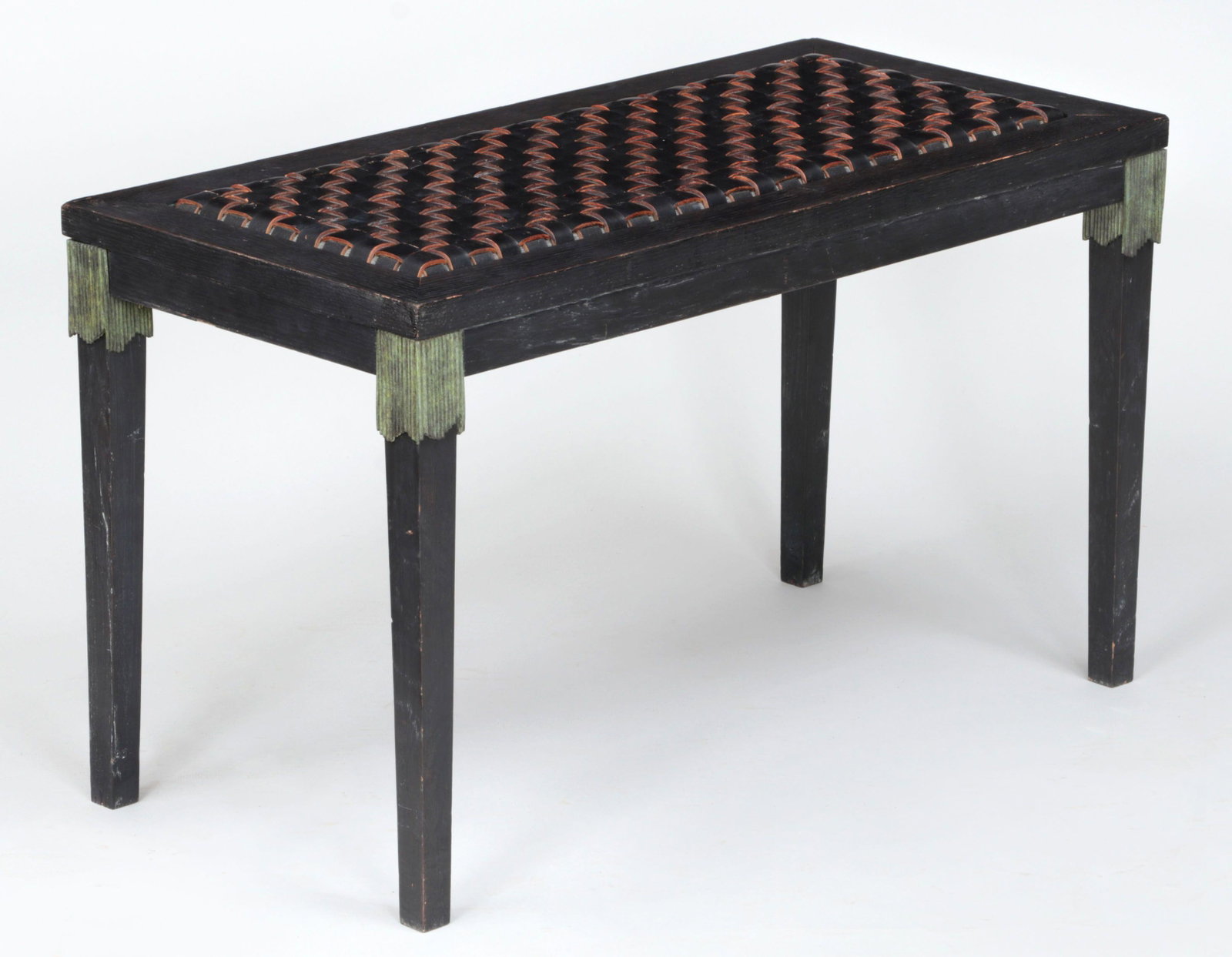 Organic Modern ebonized oak bench: Organic Modern ebonized oak bench with woven leather seat and verdigris bronze mounts, edition 1/8, stamped with maker marks. Some wear at corners with touchup. 17-1/4''h, 29-1/2''w, 14-1/4''d.