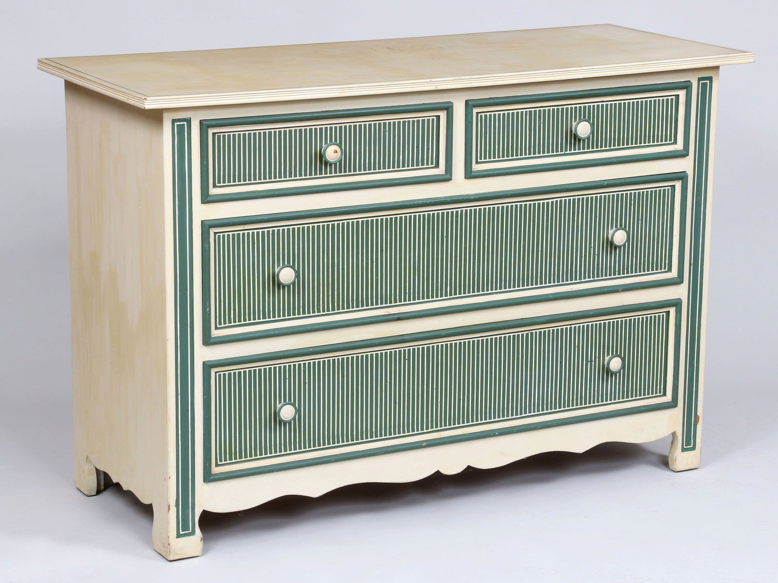 20th century painted chest: 20th century painted chest with dark green stripes. Some wear and chips to paint. 32''h, 48''w, 19''d.