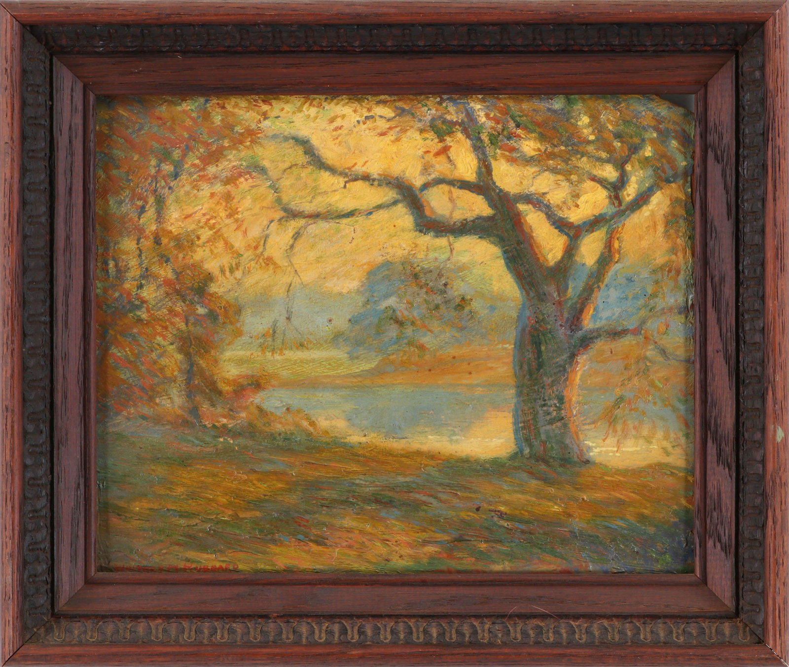 WHITNEY M. HUBBARD: WHITNEY M. HUBBARD (American, Long Island, 1875-1965) sunset in East Marion, oil on board, signed lower left. Small loss to top right corner, small puncture to board, dirt and grime. Board 8''h, 10''w
