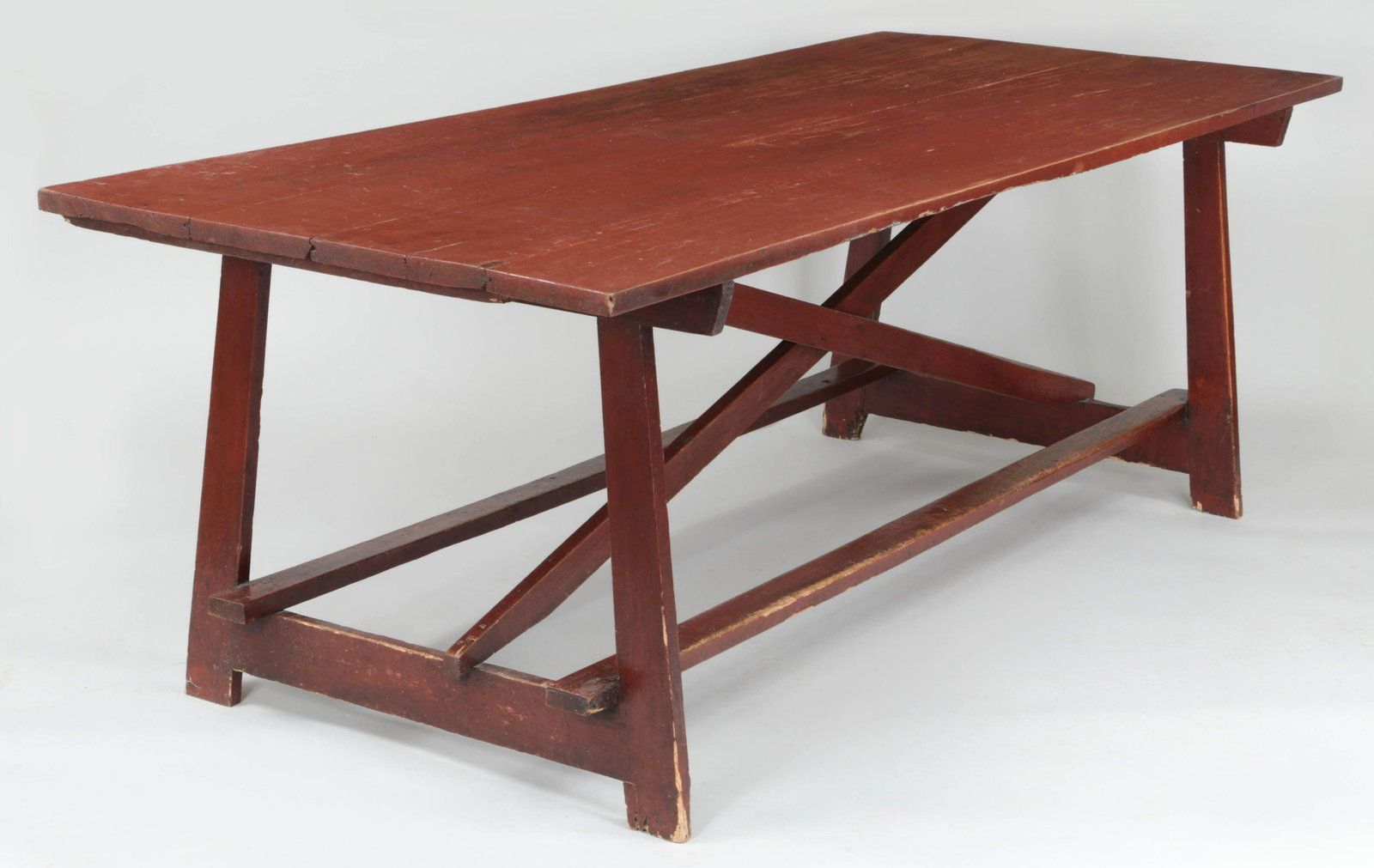 Large country farm table: Large country farm table in red. Wear from use. 31-1/4''h, 84-1/2''w, 37''d.