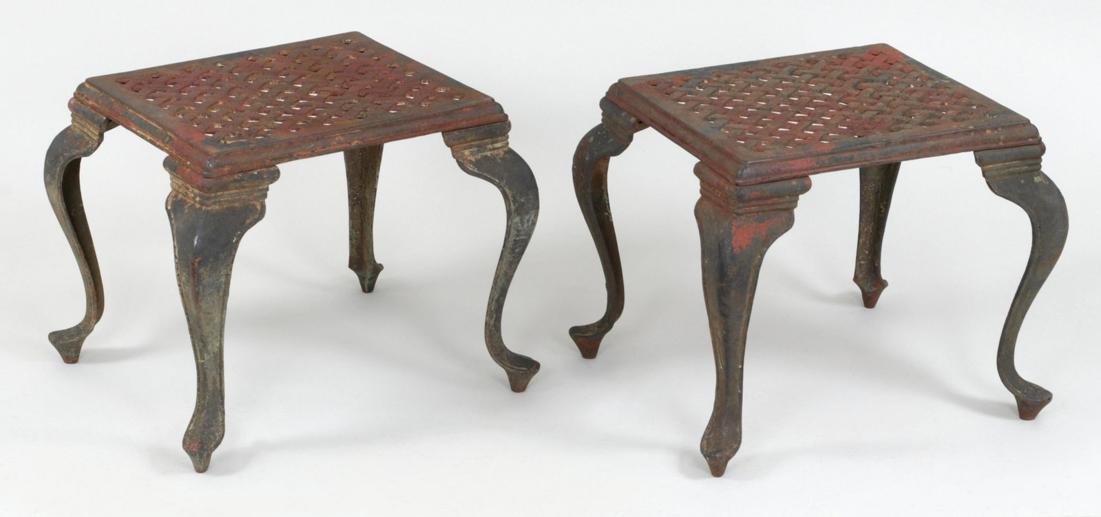 Pair of small cast iron side tables: Pair of small cast iron side tables with basket weave top and cabriole legs. 17''h, 20-3/4''w, 18-1/2''d.