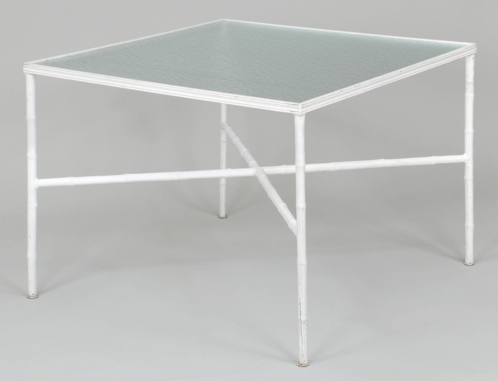 Faux bamboo aluminum square glass top table: Faux bamboo aluminum square glass top table. 26''h, 35''sq.