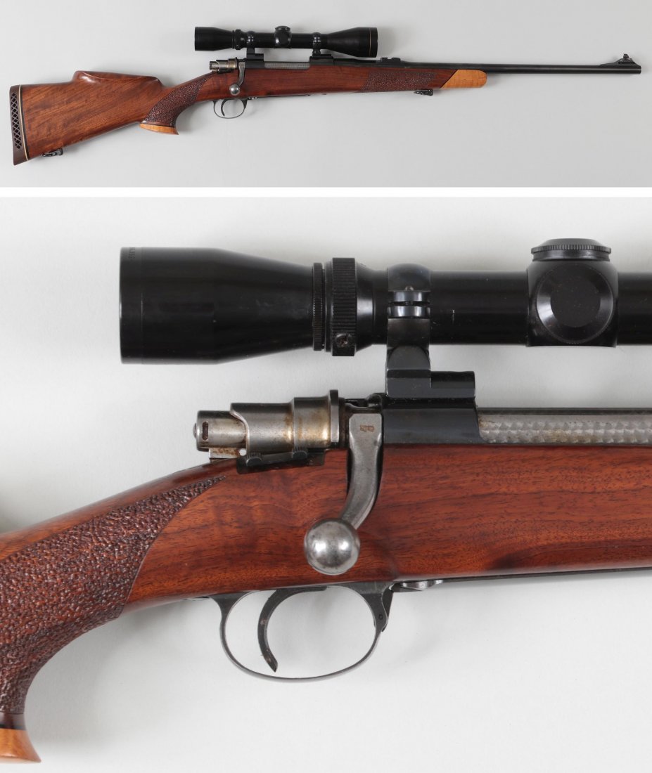 Browning Belgium bolt action: Browning Belgium bolt action rifle with deluxe custom stock in 30/06. The barrel measures 22-1/4'' with open sights and a Leupold 3x-9x scope. The custom stock has a rollover comb with rubber recoil p