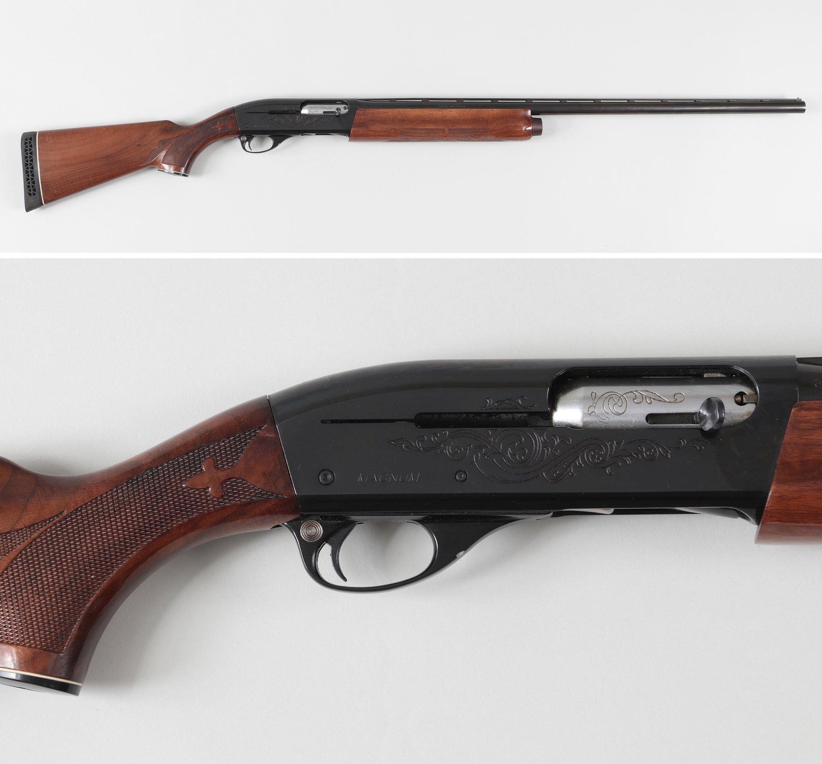 Remington M1100 MAGNUM: Remington M1100 MAGNUM 12g 3''. The vent rib barrel measures 30'' and is marked 12g Magnum for 3 in. shells with full choke. The pistol grip stock with cap ending in Remington recoil pad with a LOP of