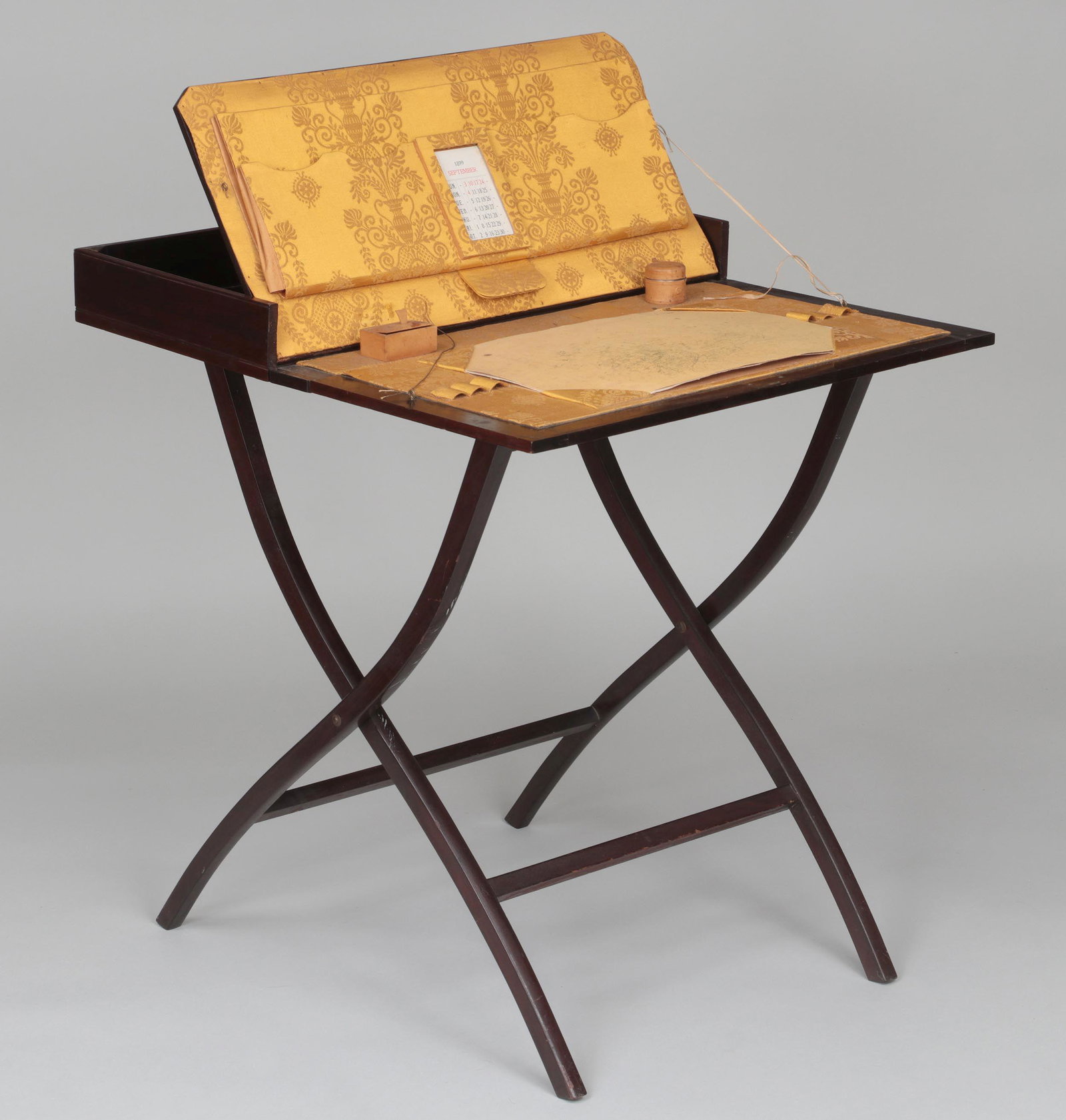 19th century mahogany officer's field desk: 19th century mahogany officer's field desk. Wear from use, lock sticks, age cracks. 36-3/4''h (closed), 24''w, closed case 3-1/2''d.