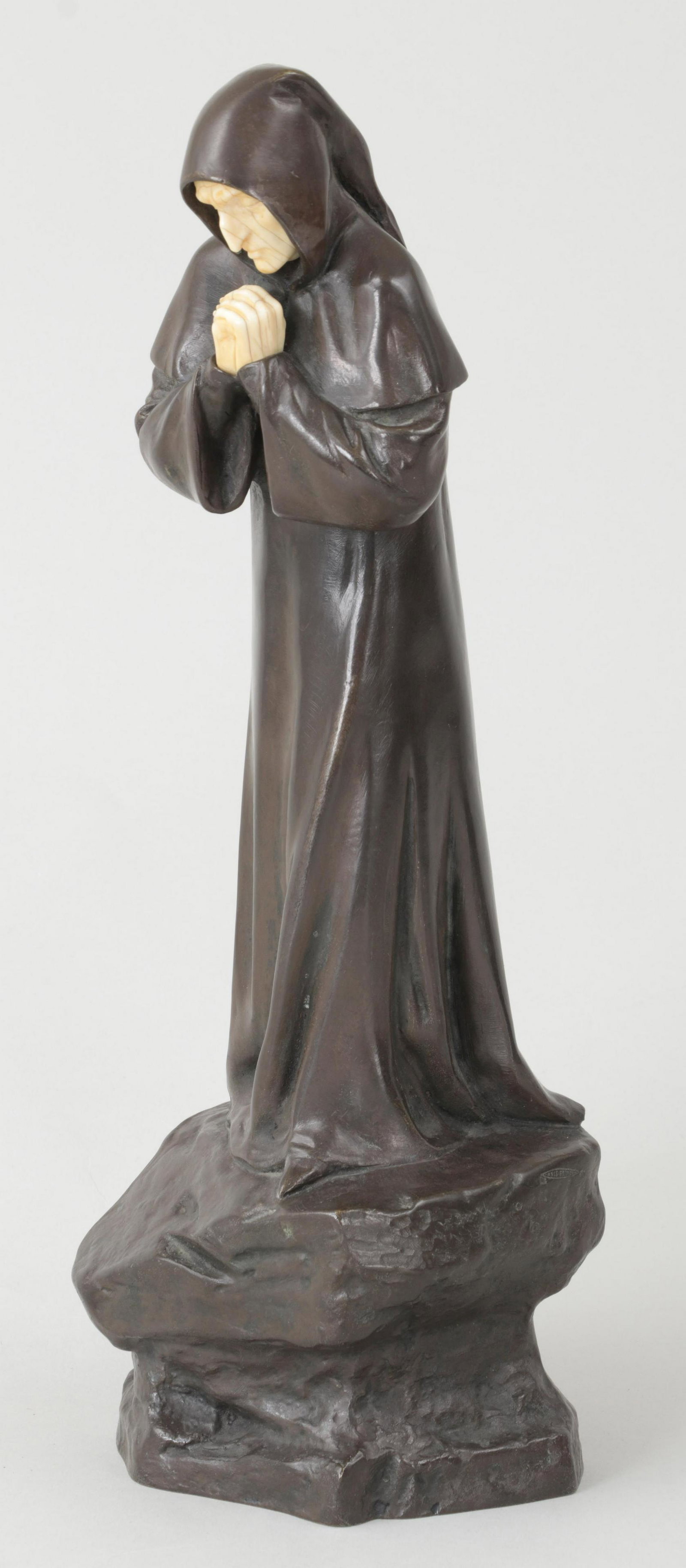 French Art Deco bronze: French Art Deco bronze sculpture of robed figure, signed ''Luce'', marked ''Unis France''. Hairlines to face and hands. 14-1/2''h, 5''w, 4-1/2''d.