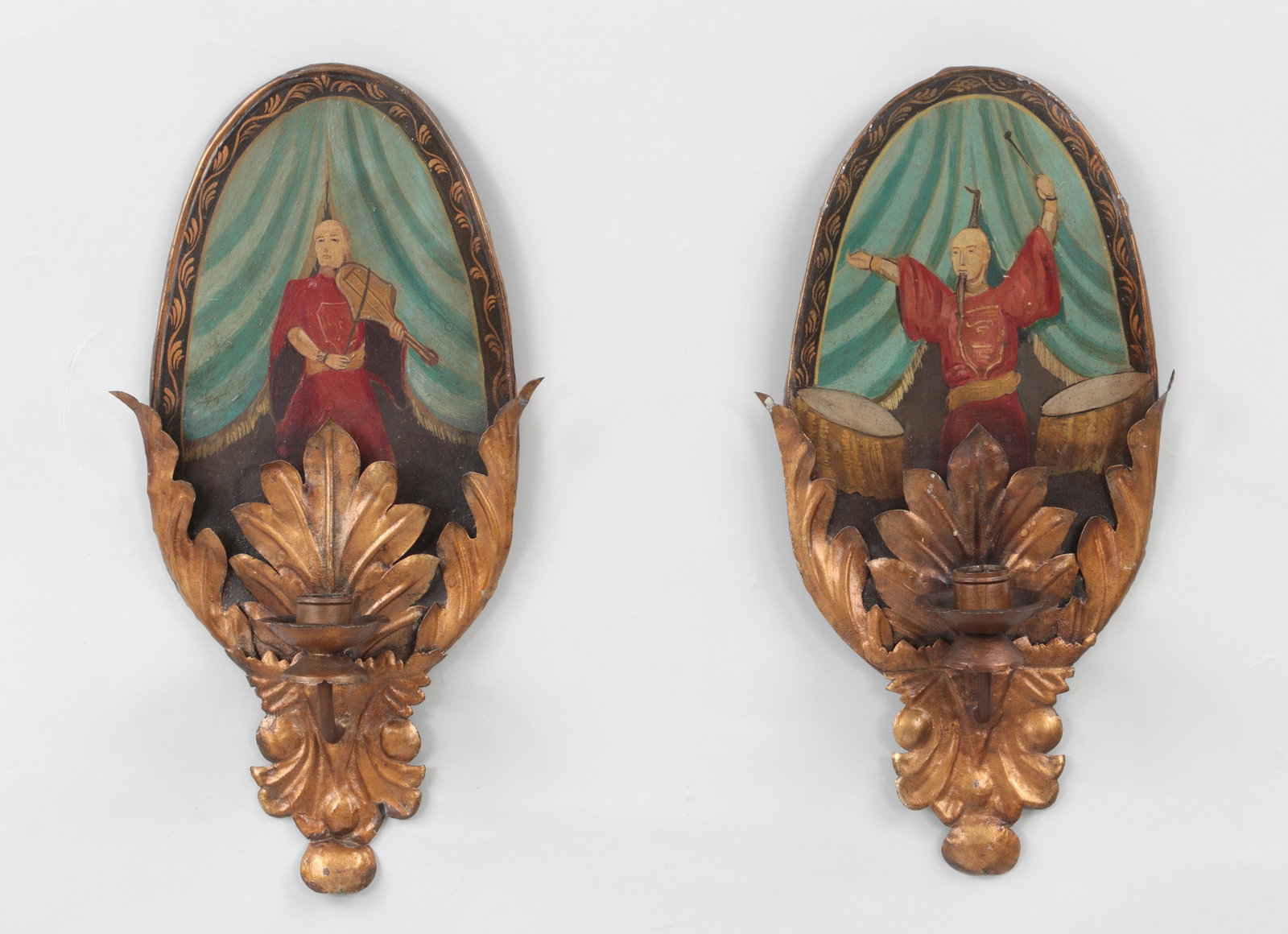 Pair of gilt tole single-light sconces: Pair of gilt tole single-light sconces with painted depictions of Asian musicians, one inscribed, ''Copied From, History of Italian, Furniture, By William M. Odom, Painted By Arthur L. Kelley, 2 Pair.